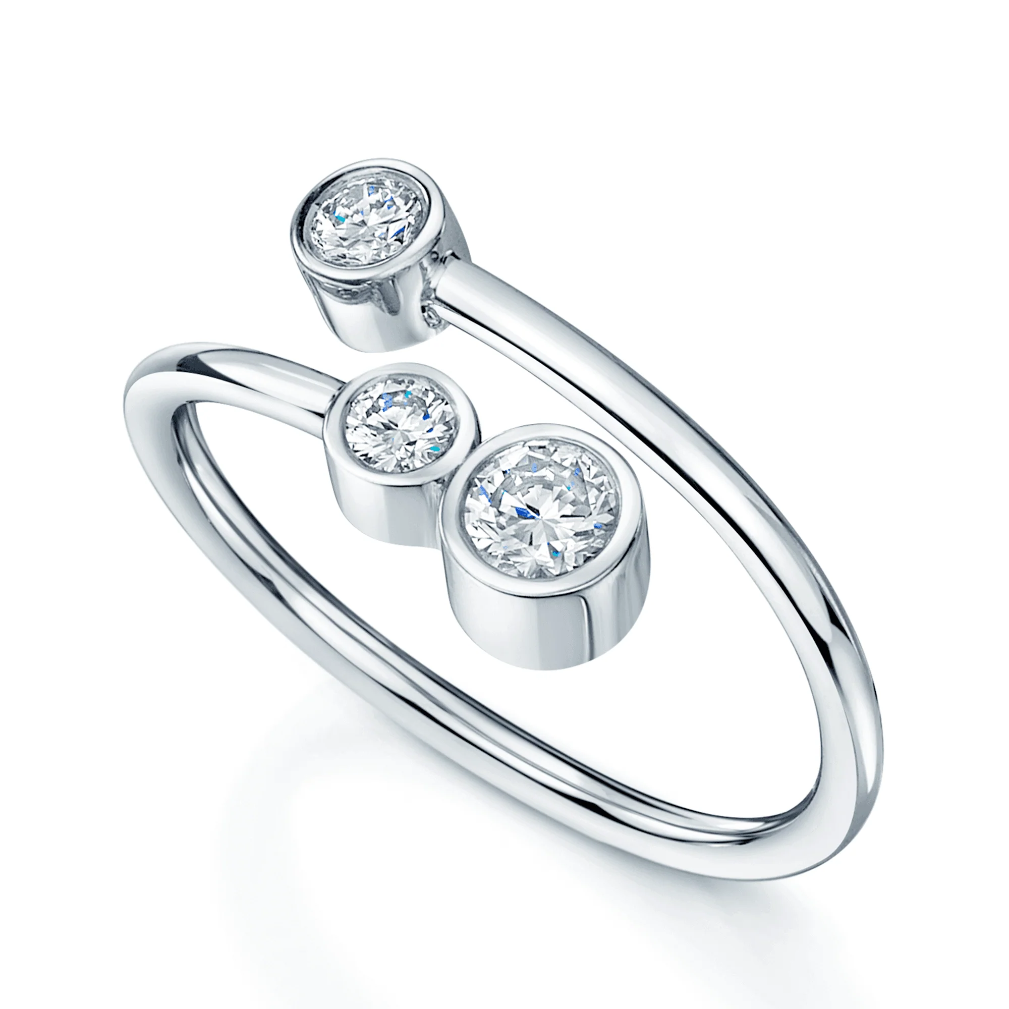 18ct White Gold Diamond Fancy Three Stone Rub Over Dress Ring
