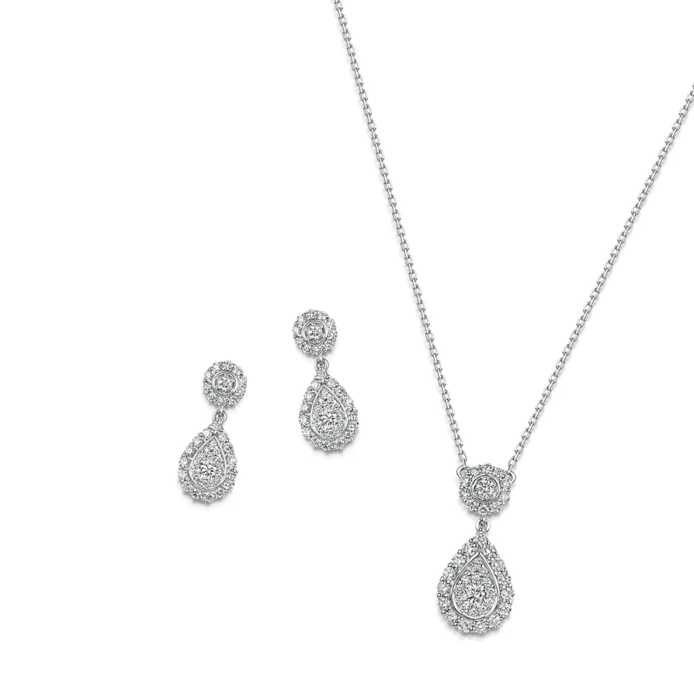 18ct White Gold Diamond Pave Fancy Halo Pear Drop Earrings - Image 2