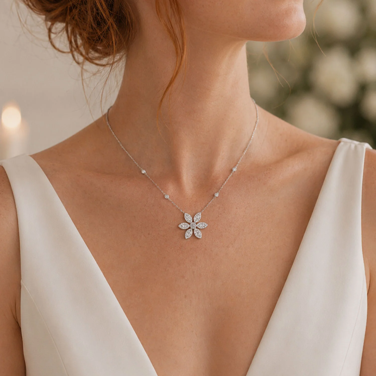 18ct White Gold Marquise And Round Brilliant Cut Six Petal Flower Pendant - Image 2