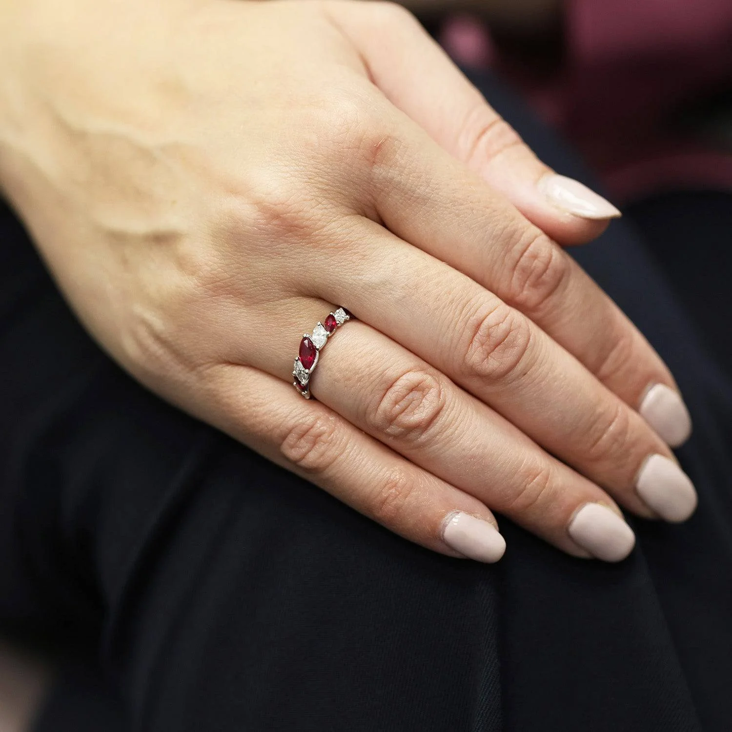 18ct White Gold Marquise Ruby And Diamond Graduated Dress Ring - Image 2