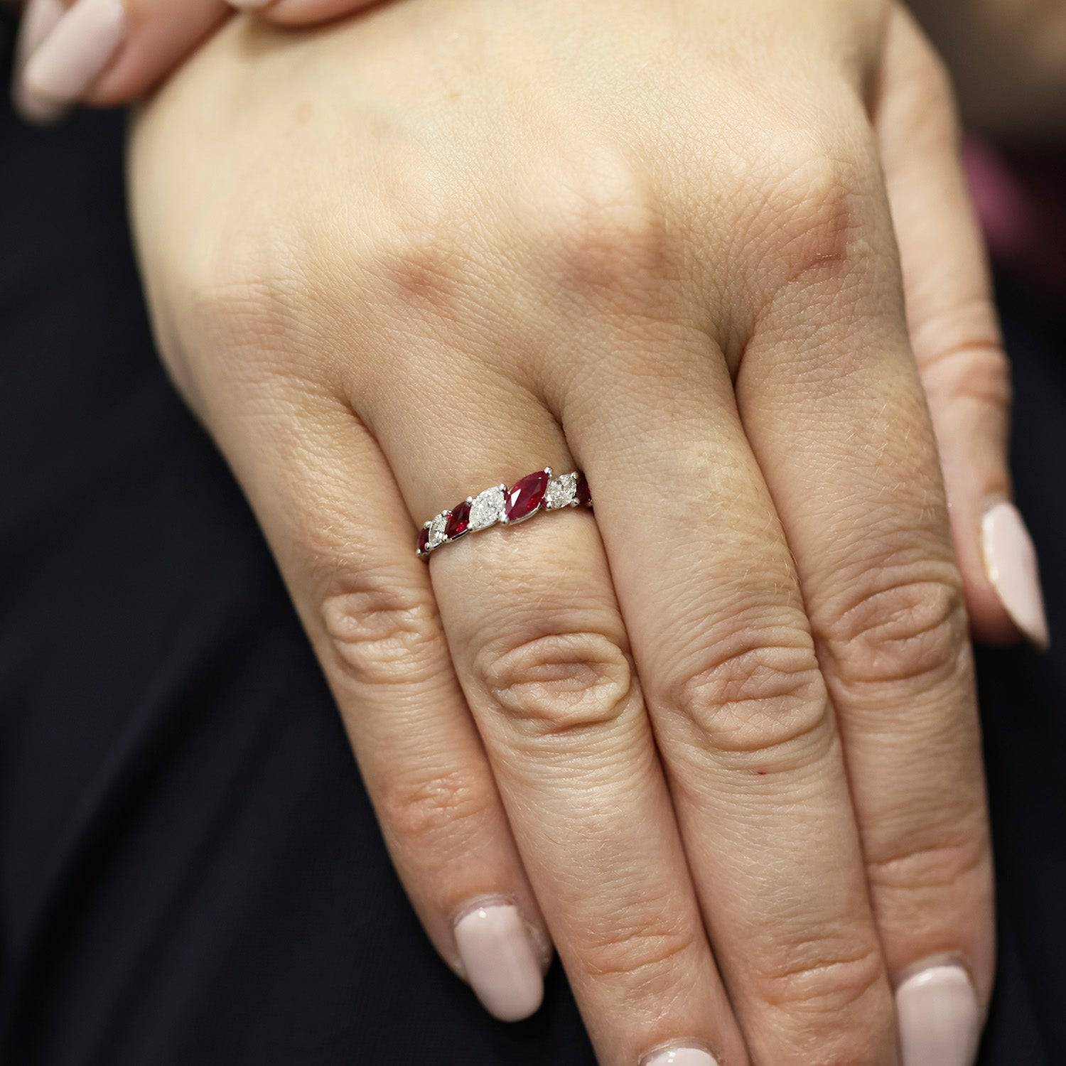 18ct White Gold Marquise Ruby And Diamond Graduated Dress Ring - Image 3