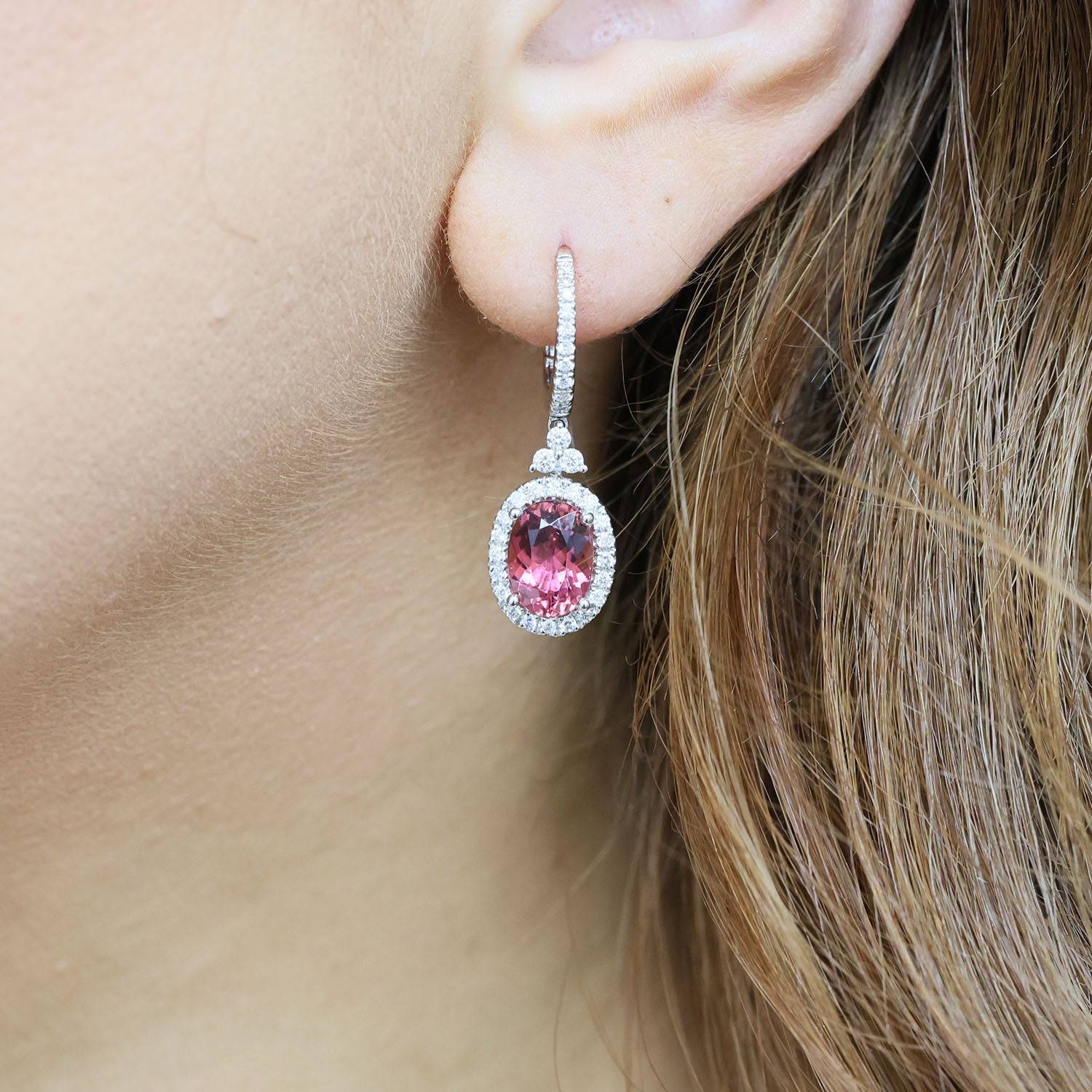 18ct White Gold Oval Cut Pink Tourmaline & Diamond Set Trefoil Drop Earnings - Image 2