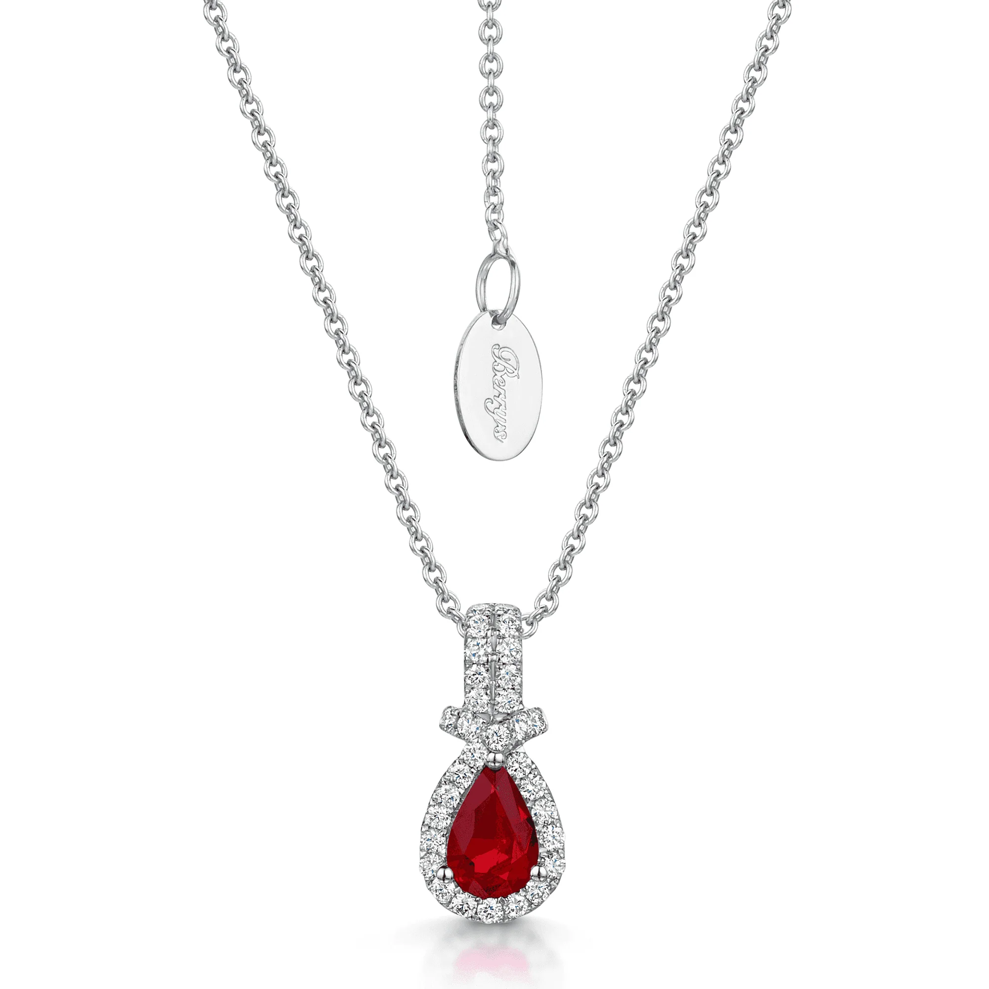 18ct White Gold Pear Cut Ruby And Double Diamond Halo Fancy Surround Pendant