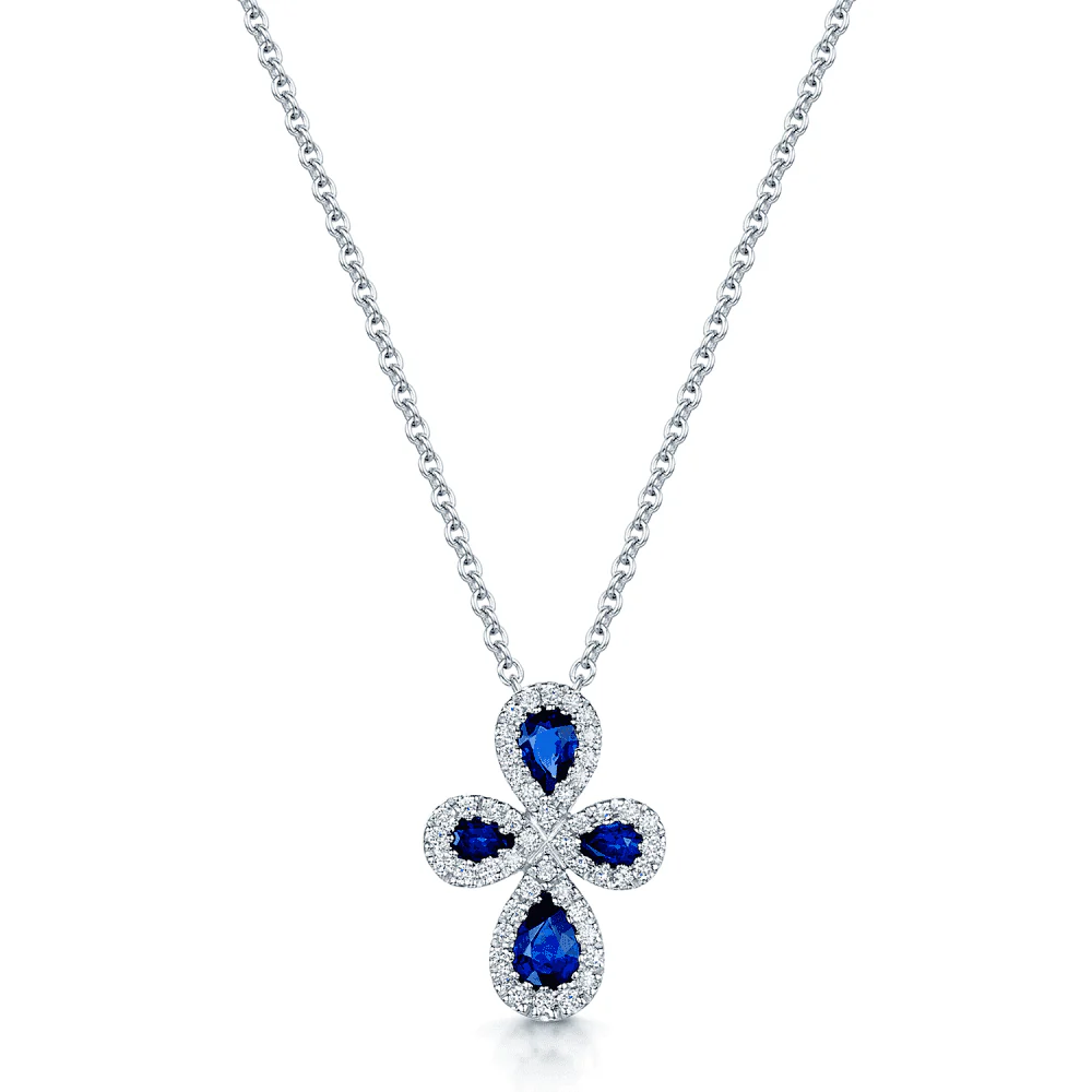 18ct White Gold Pear Shape Blue Sapphire & Round Brilliant Cut Diamond Pendant