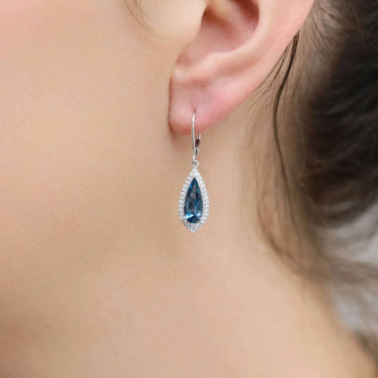18ct White Gold Pear Shaped London Blue Topaz Drop Earrings With Pave Diamond Surround - Image 2