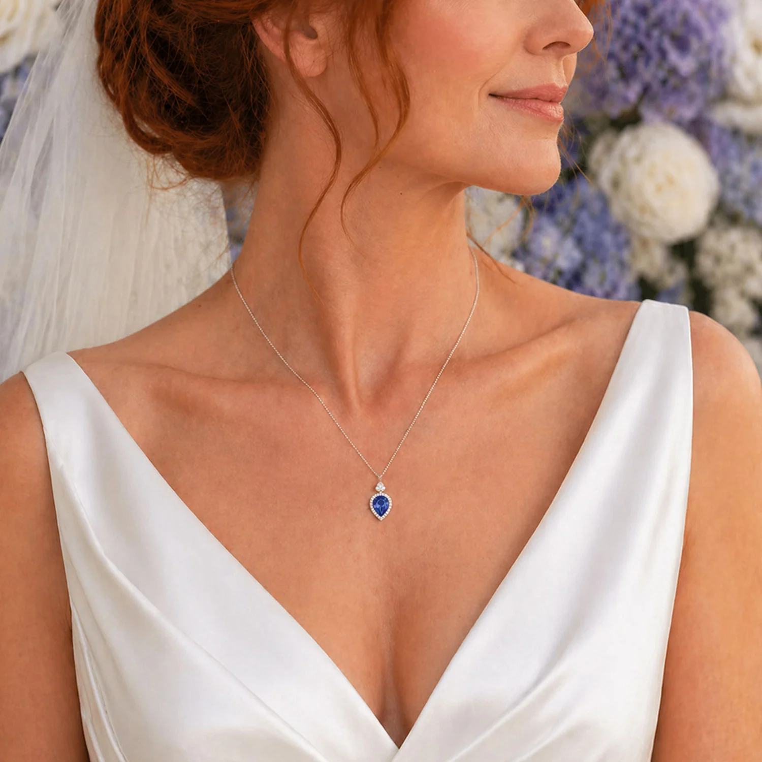 18ct White Gold Pear Shaped Tanzanite Pendant With Diamond Surround And Bale - Image 2