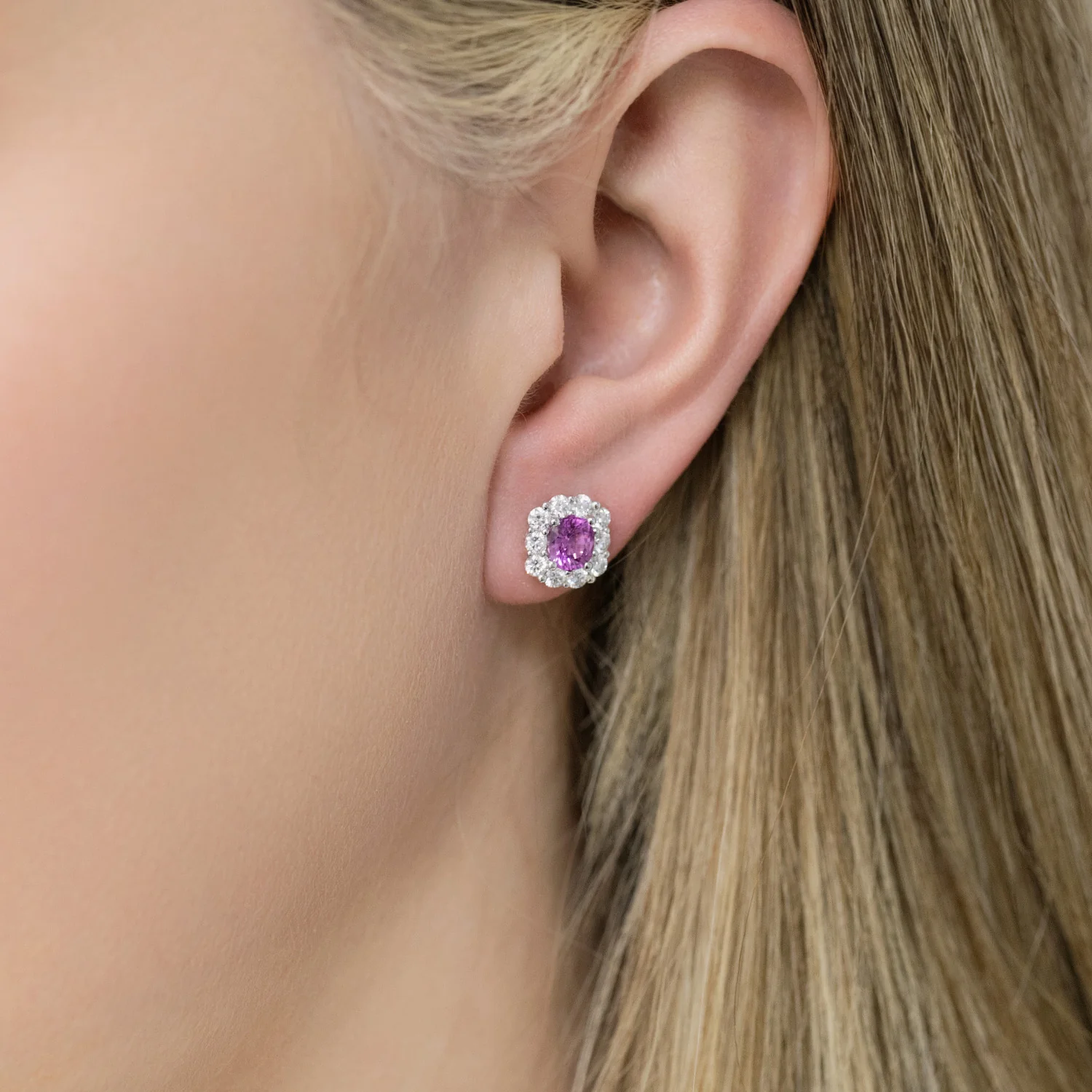 18ct White Gold Pink Sapphire & Diamond Cushion Shape Cluster Earrings - Image 2