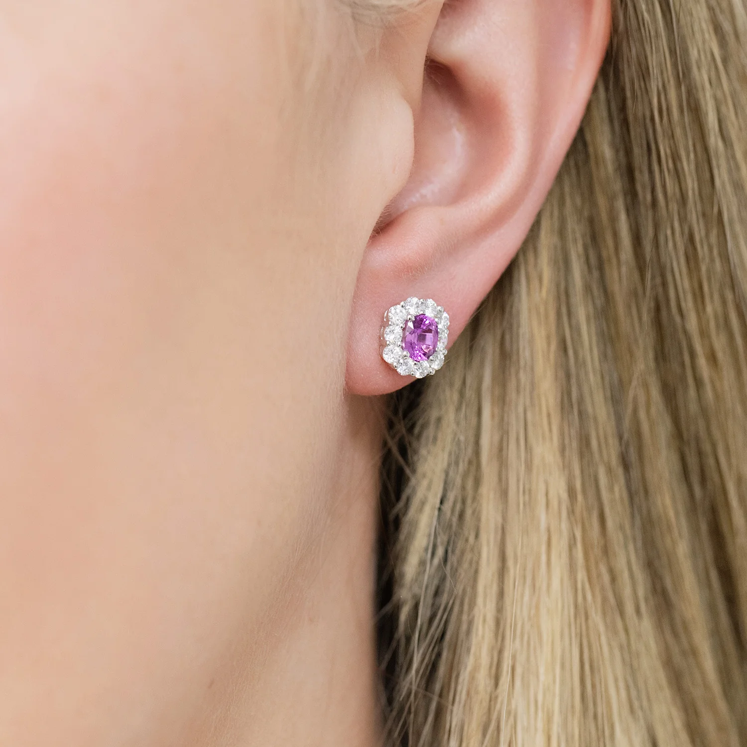 18ct White Gold Pink Sapphire & Diamond Cushion Shape Cluster Earrings - Image 3