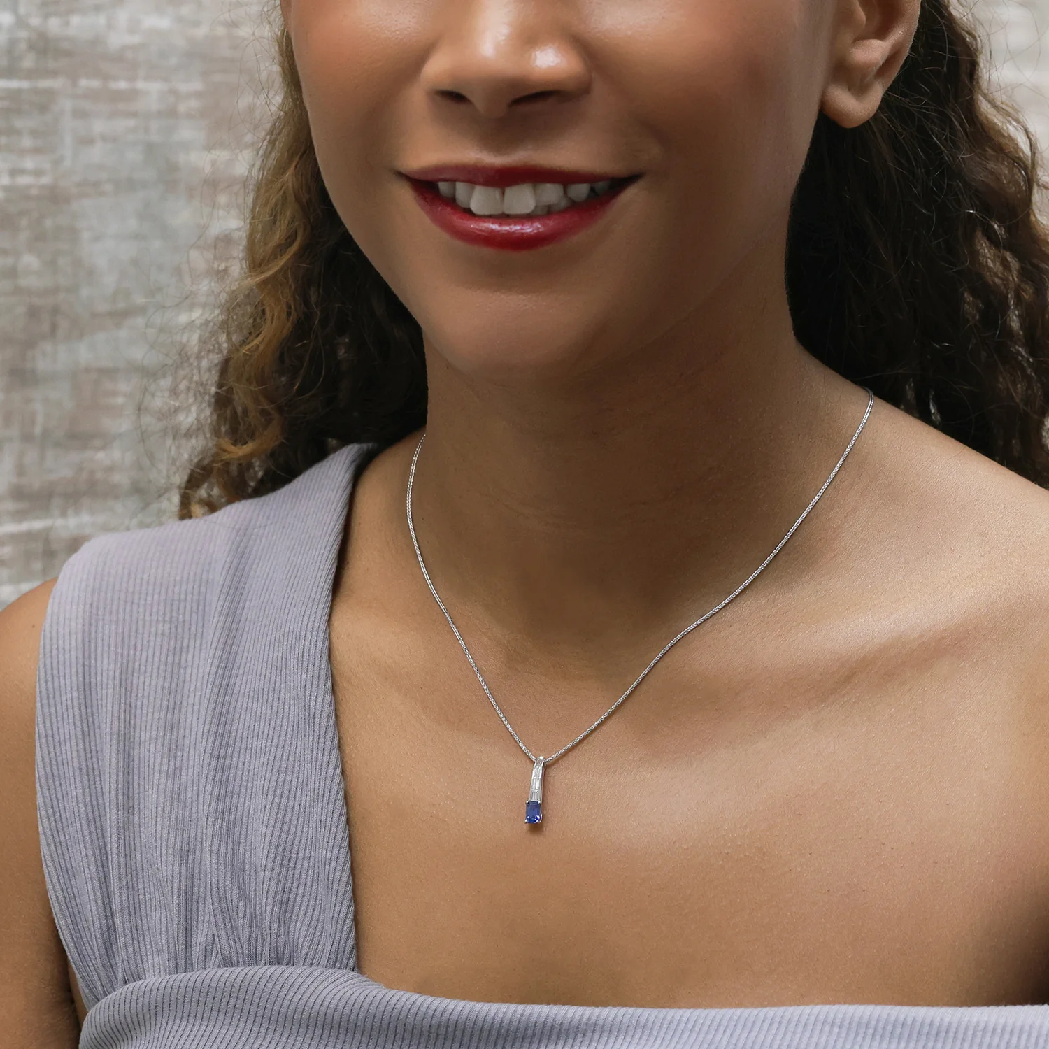 18ct White Gold Rectangular Sapphire & Baguette Cut Diamond Pendant - Image 2