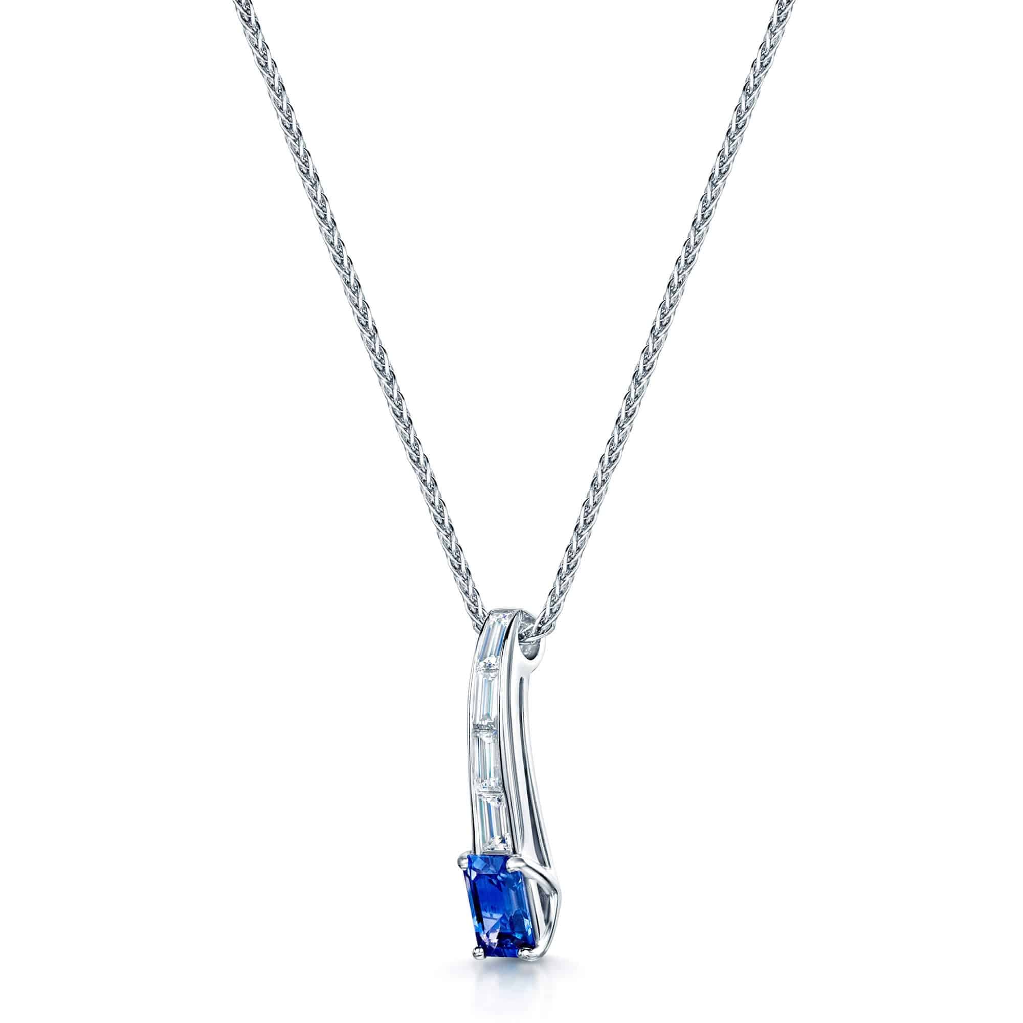 18ct White Gold Rectangular Sapphire & Baguette Cut Diamond Pendant - Image 4
