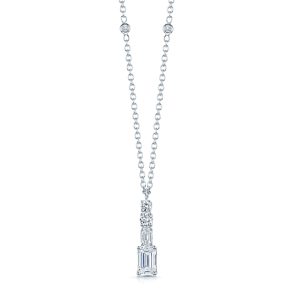 18ct White Gold Round Brilliant and Emerald Cut Diamond Four Stone Pendant - Image 4