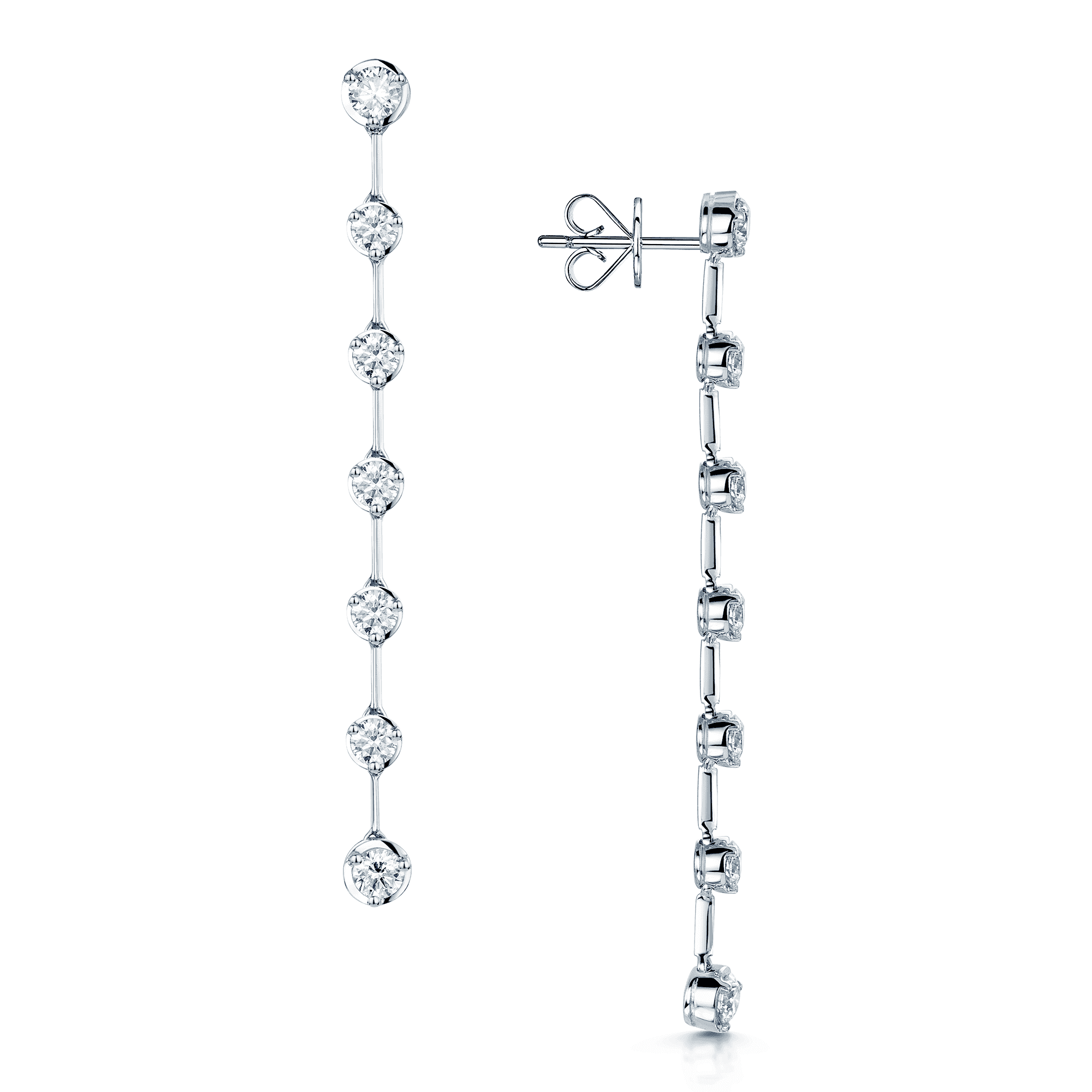18ct White Gold Round Brilliant Cut Diamond Long Bar Drop Earrings