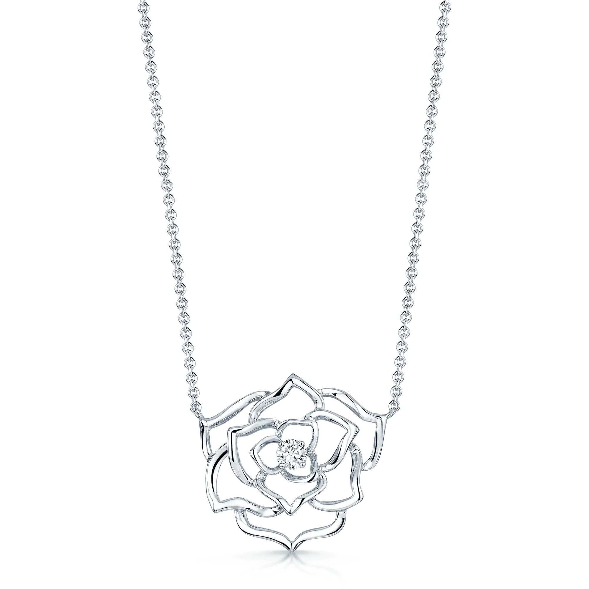 18ct White Gold Round Brilliant Cut Diamond Pendant In Stylised Rose Setting