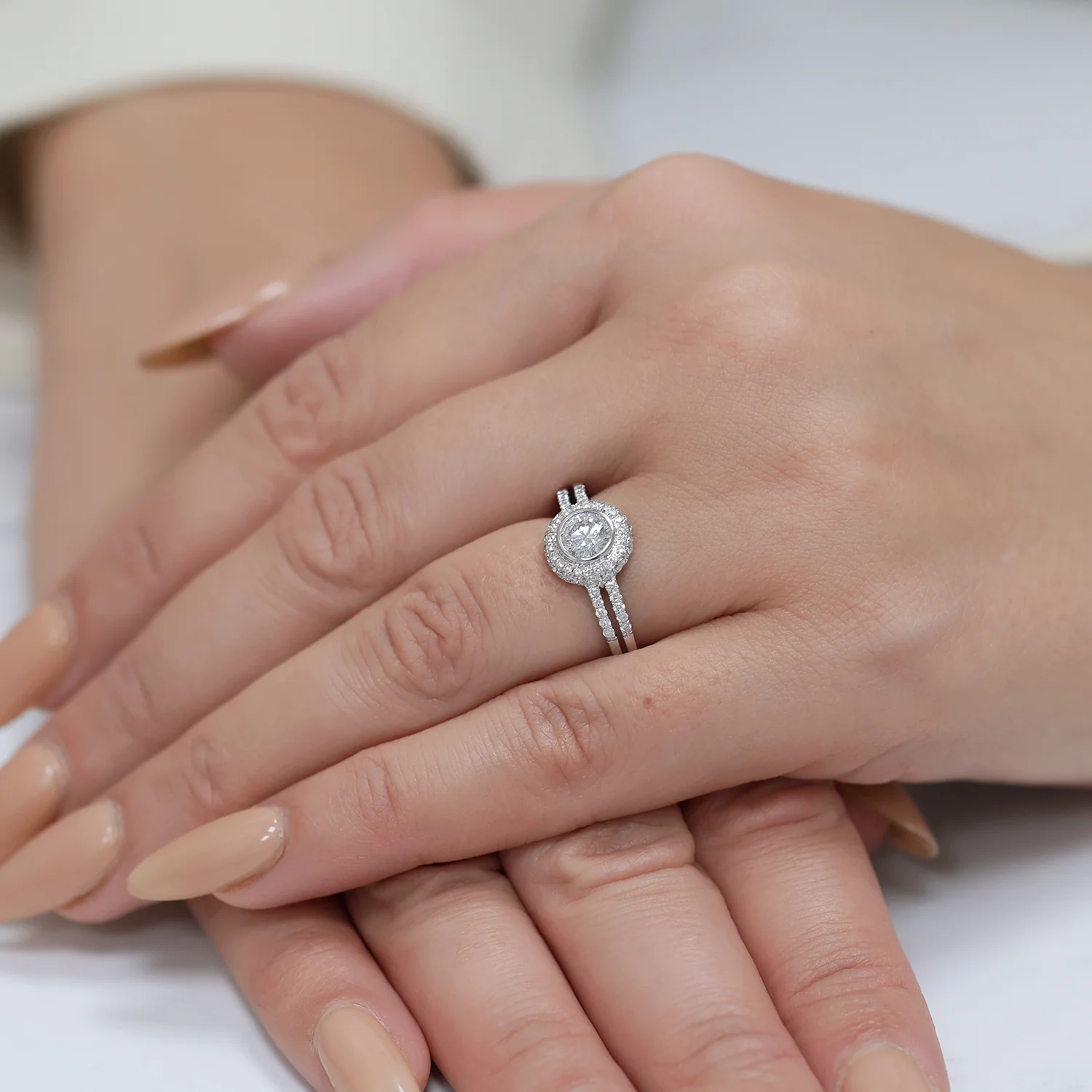 18ct White Gold Round Brilliant Cut 0.58 Carat Diamond Rub Over Set Single Stone Ring With Pave Surround And Shoulders - Image 2