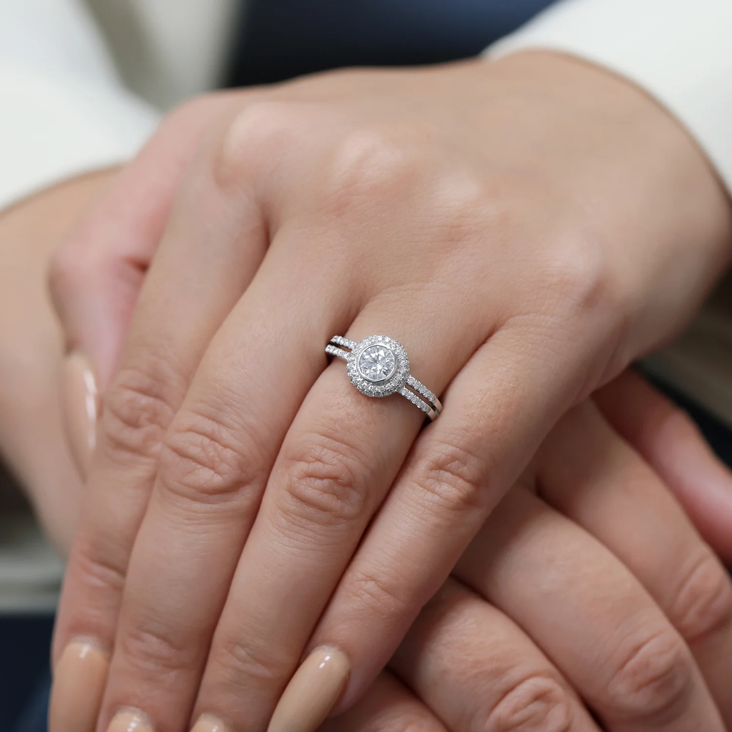 18ct White Gold Round Brilliant Cut 0.58 Carat Diamond Rub Over Set Single Stone Ring With Pave Surround And Shoulders - Image 3