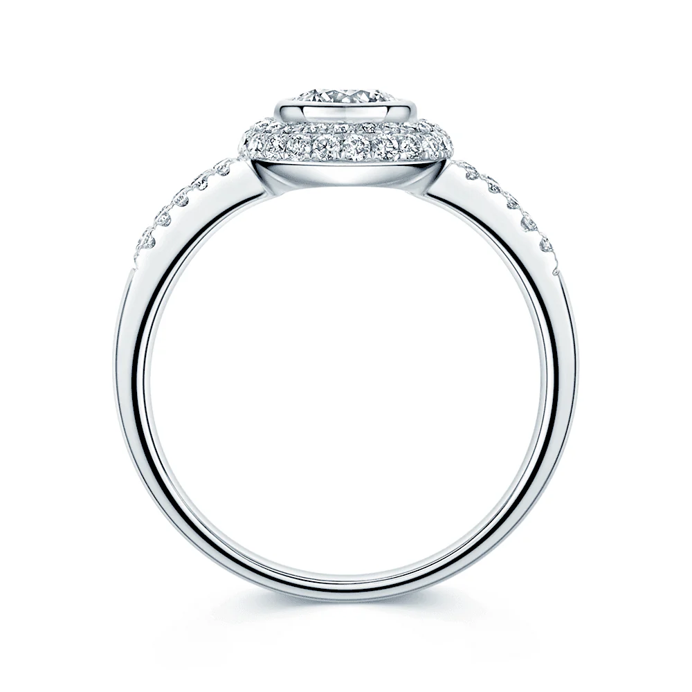 18ct White Gold Round Brilliant Cut 0.58 Carat Diamond Rub Over Set Single Stone Ring With Pave Surround And Shoulders - Image 4