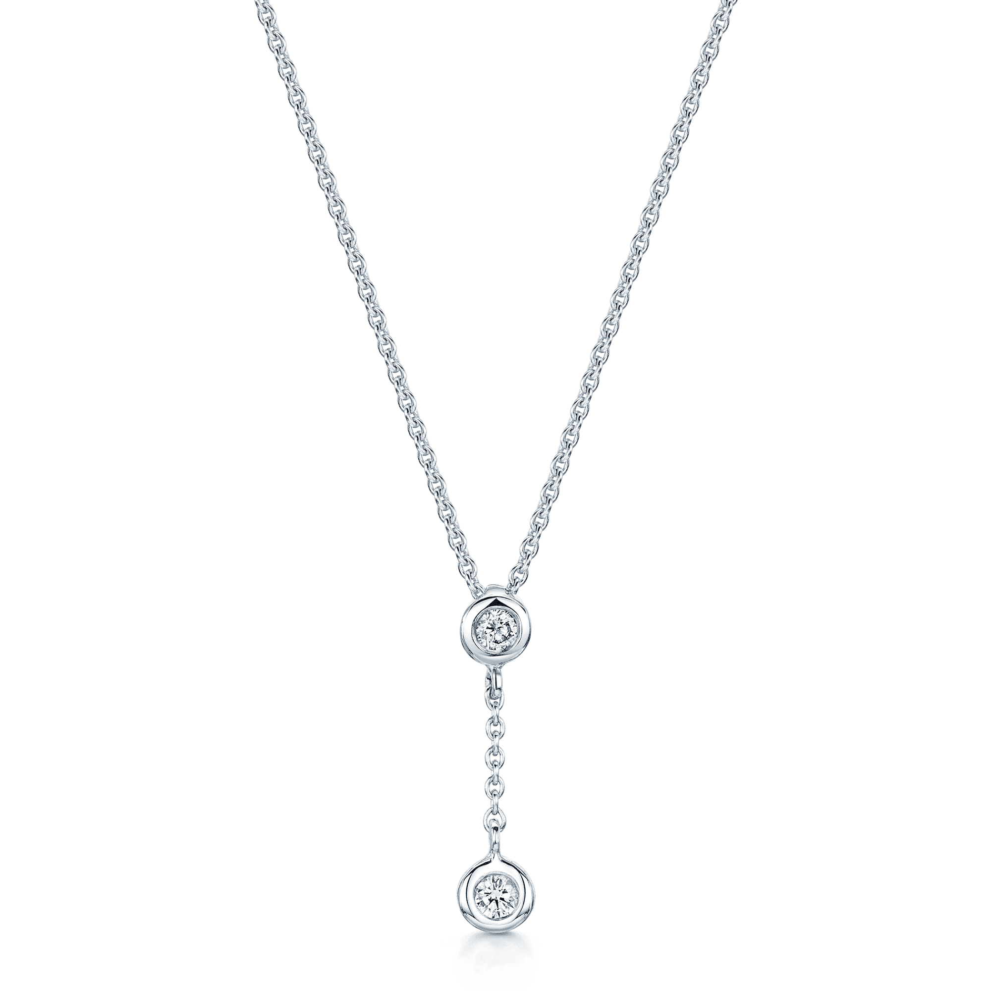 18ct White Gold Round Brilliant Cut Diamond Rubover Set With Chain Drop Pendant