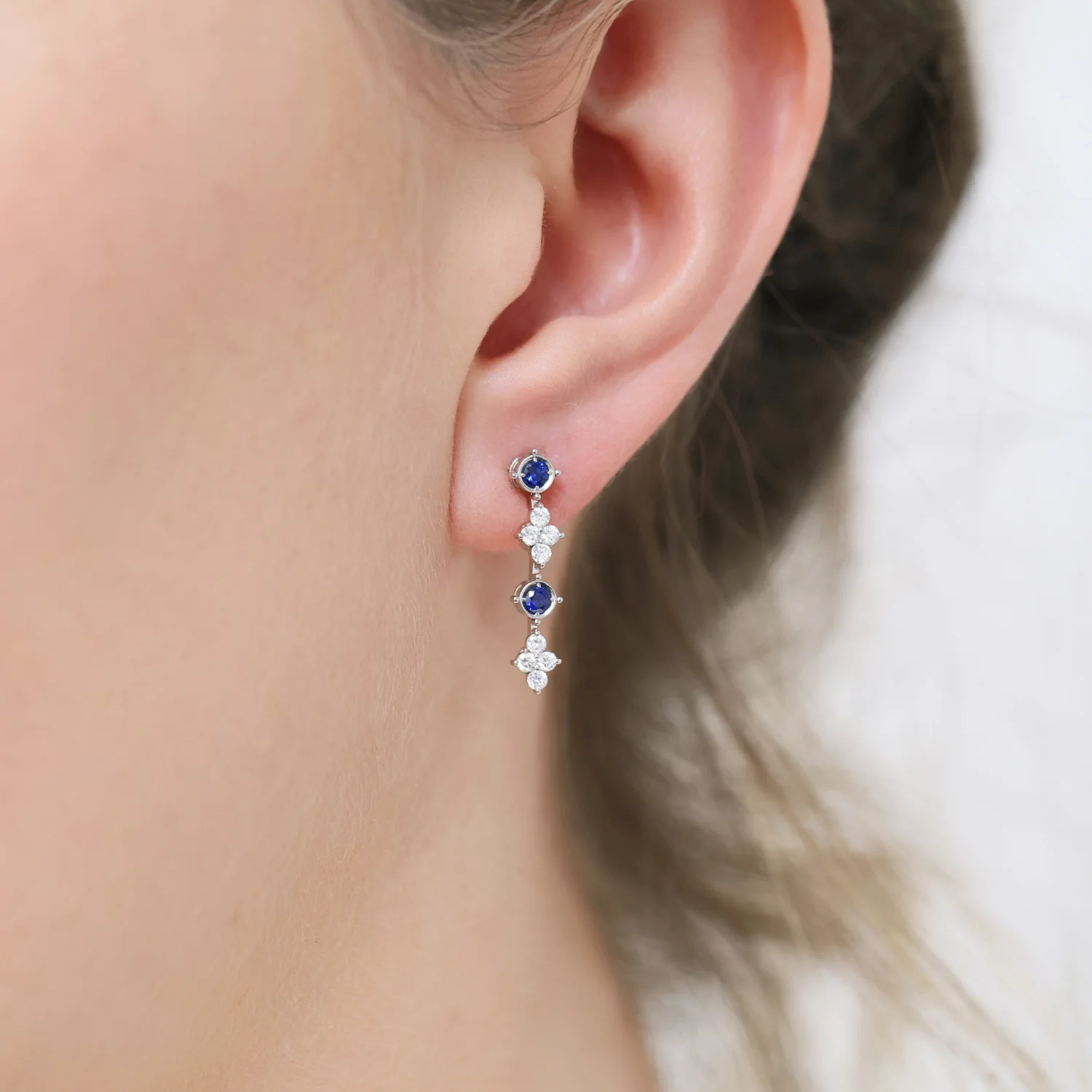 18ct White Gold Sapphire And Diamond Flower Drop Fancy Earrings - Image 2