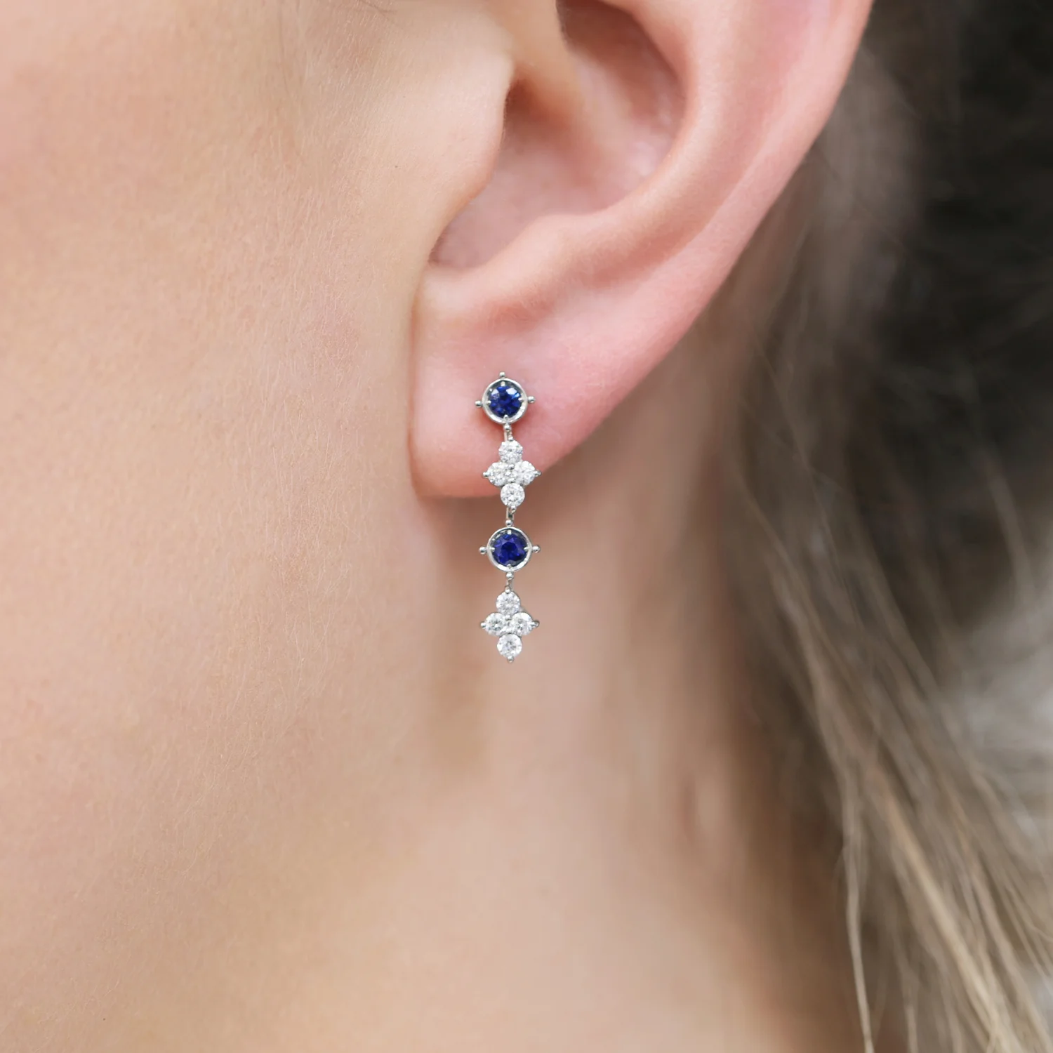 18ct White Gold Sapphire And Diamond Flower Drop Fancy Earrings - Image 3