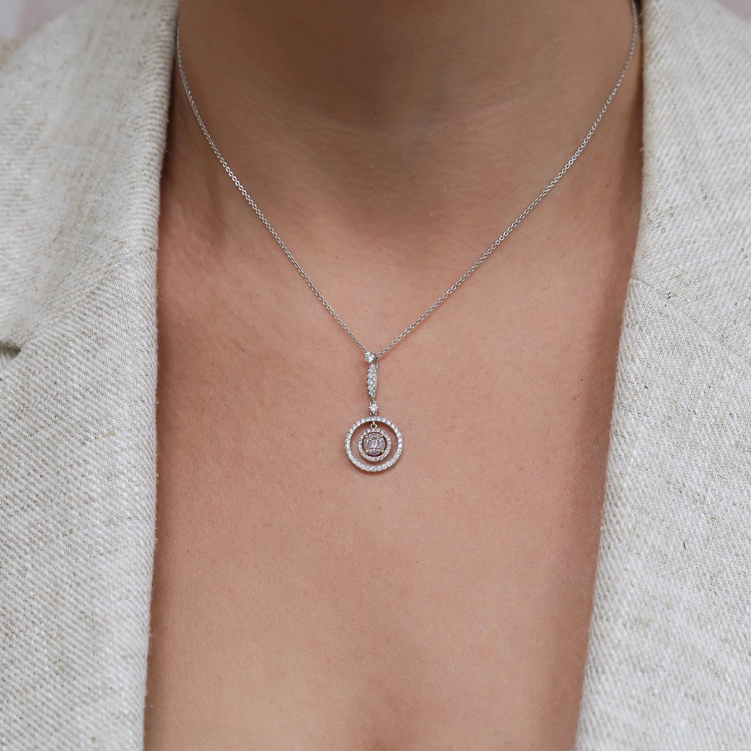 18ct White & Rose Gold Pink Diamond Pendant with Double Diamond Surround - Image 3