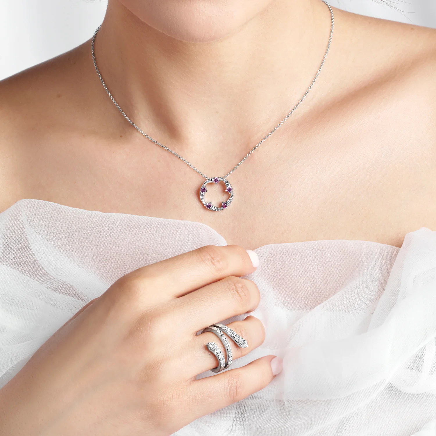 OPEIA Collection 18ct White Gold Pink Sapphire And Diamond Fancy Circle Pendant With Chain - Image 2