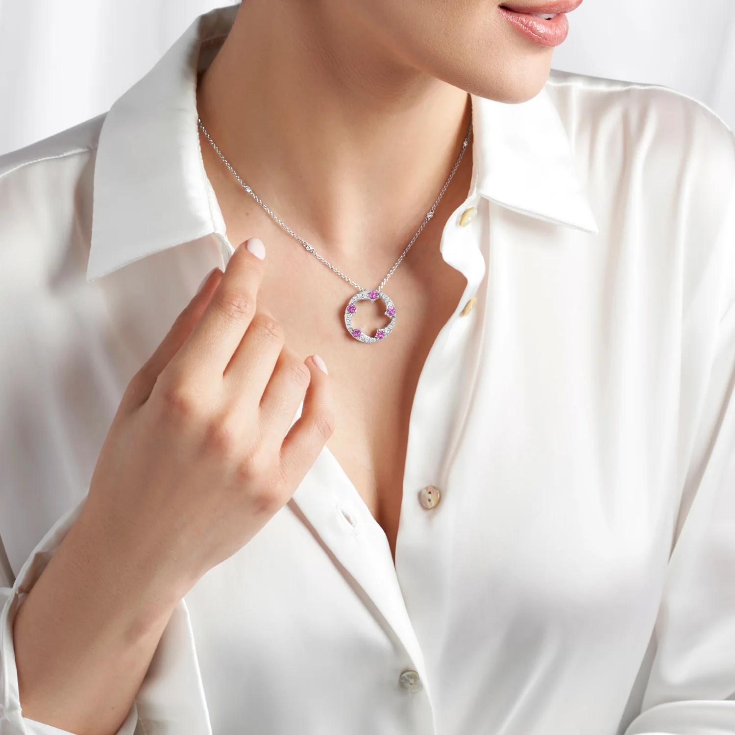 OPEIA Collection 18ct White Gold Pink Sapphire And Diamond Fancy Large Circle Pendant With Chain - Image 2