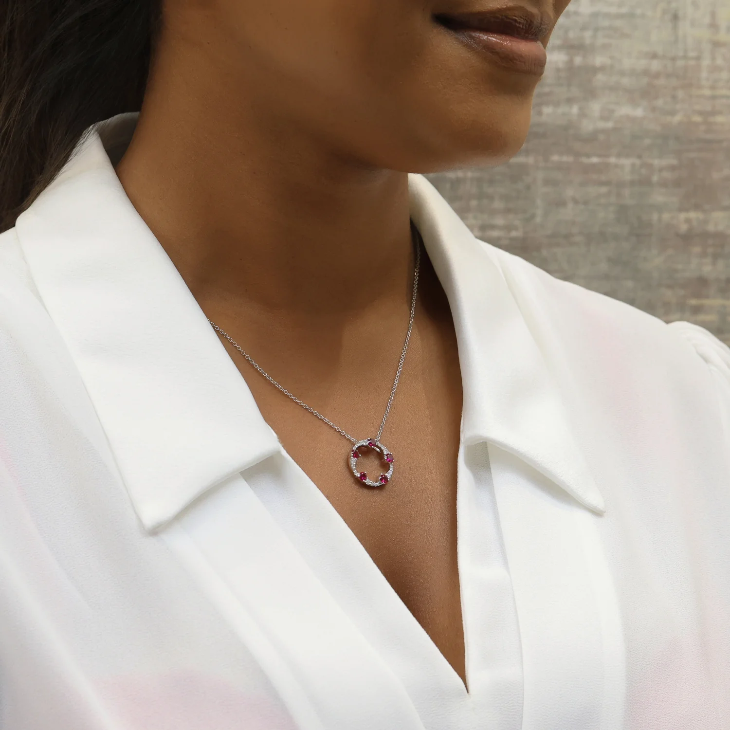 OPEIA Collection 18ct White Gold Ruby And Diamond Fancy Circle Pendant With Chain - Image 2
