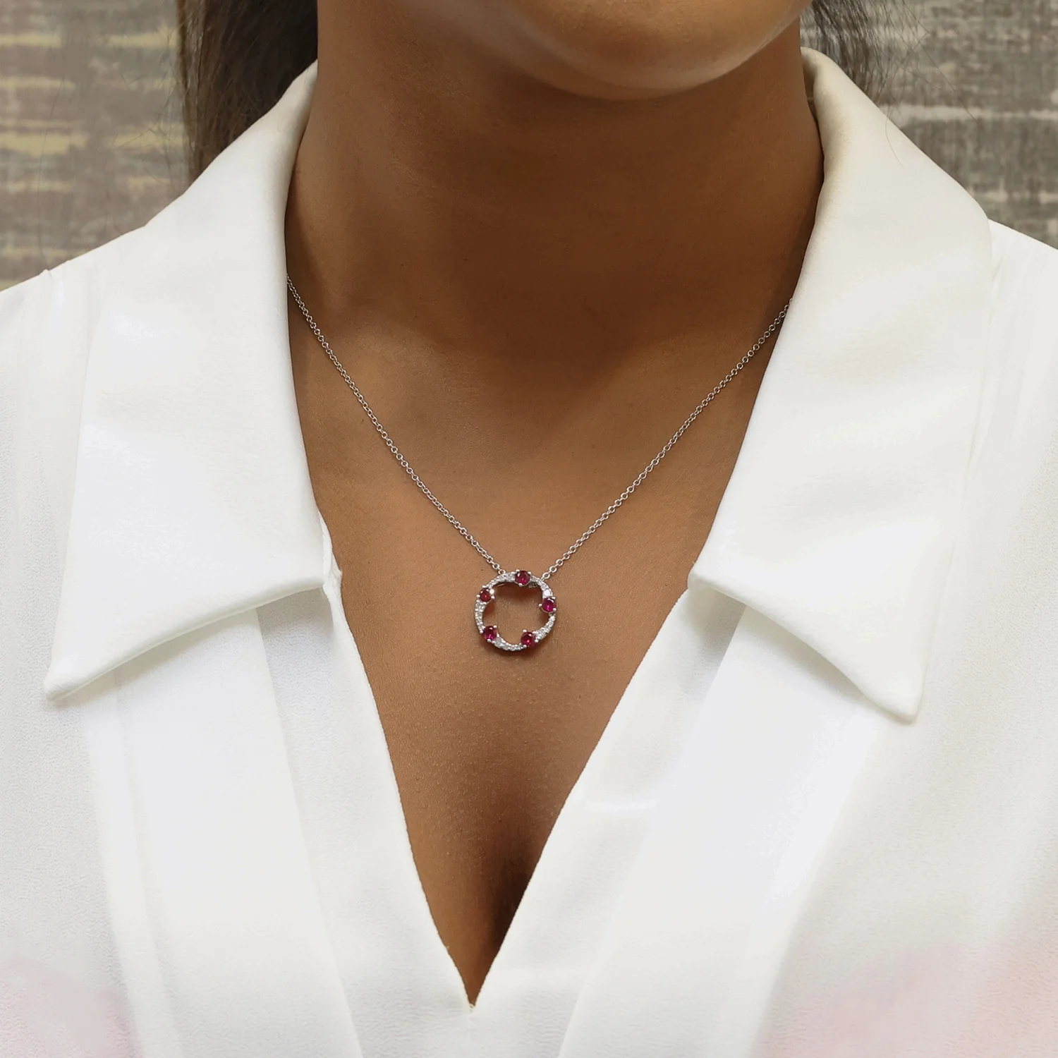 OPEIA Collection 18ct White Gold Ruby And Diamond Fancy Circle Pendant With Chain - Image 3