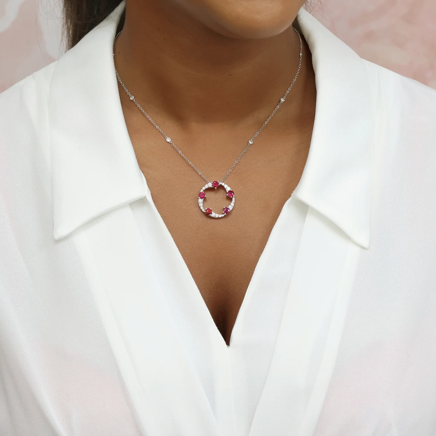 OPEIA Collection 18ct White Gold Ruby And Diamond Fancy Large Circle Pendant With Chain - Image 2