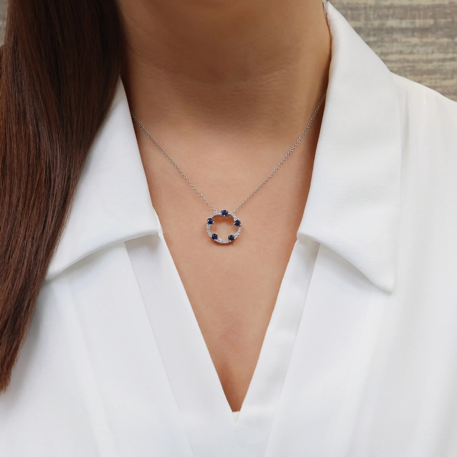 OPEIA Collection 18ct White Gold Sapphire Diamond Fancy Circle Pendant With Chain - Image 2