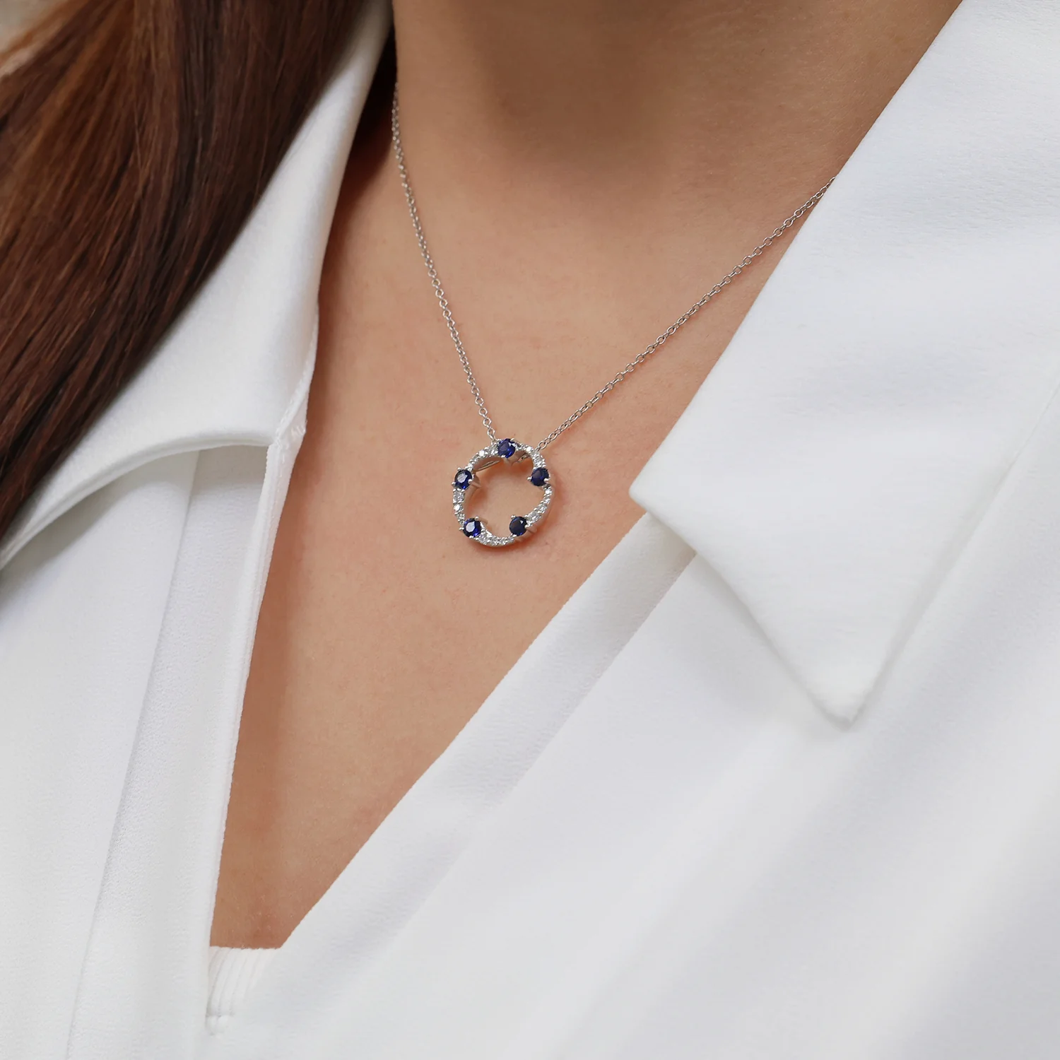 OPEIA Collection 18ct White Gold Sapphire Diamond Fancy Circle Pendant With Chain - Image 3