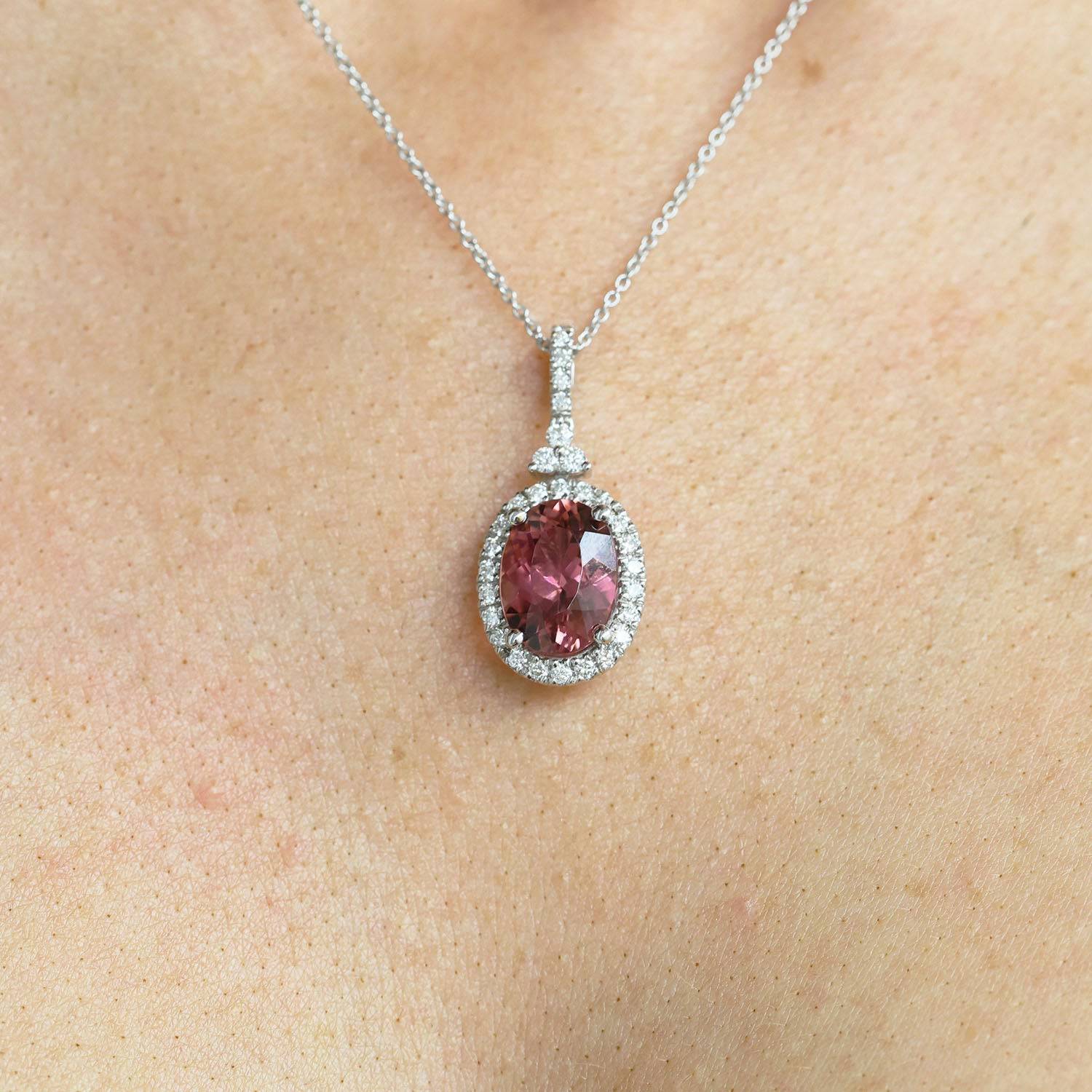 Pink Tourmaline Oval Cut Diamond Halo Pendant - Image 3