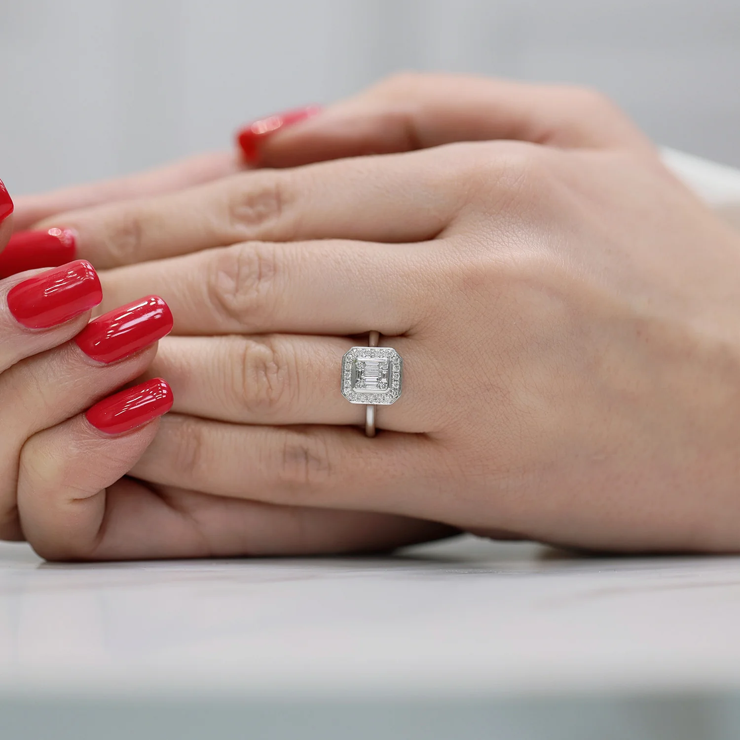 Platinum Baguette And Round Brilliant Cut Diamond Cluster Ring - Image 3