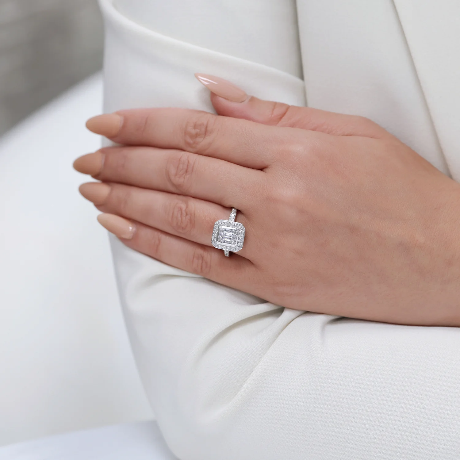 Platinum Baguette And Round Brilliant Cut Diamond Cluster Ring With Diamond Shoulders - Image 2