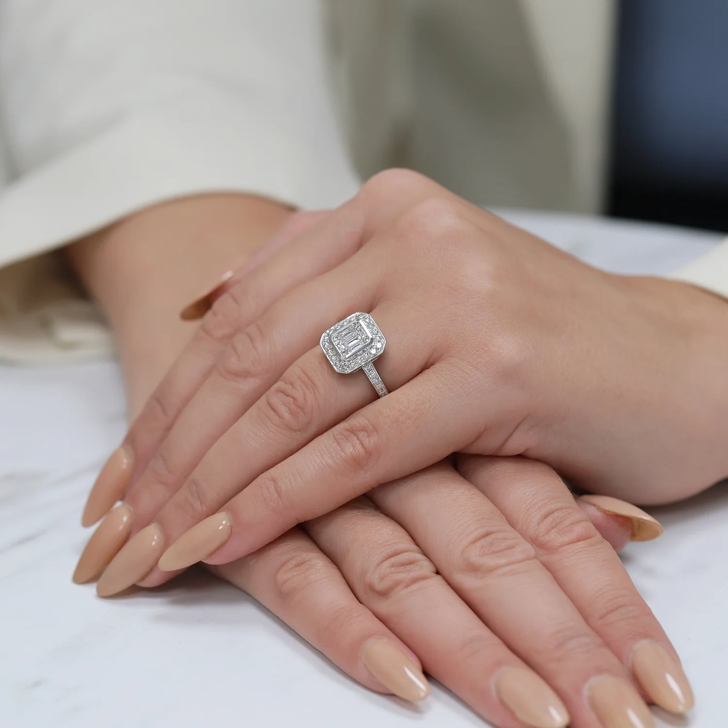 Platinum Baguette And Round Brilliant Cut Diamond Cluster Ring With Diamond Shoulders - Image 3