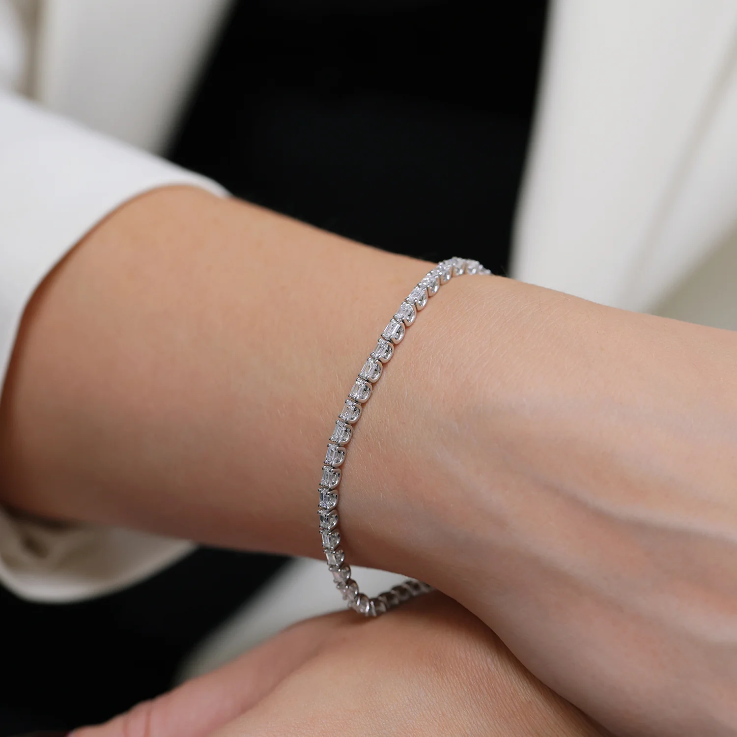 Platinum Claw Set Emerald Cut Diamond Tennis Bracelet - Image 4
