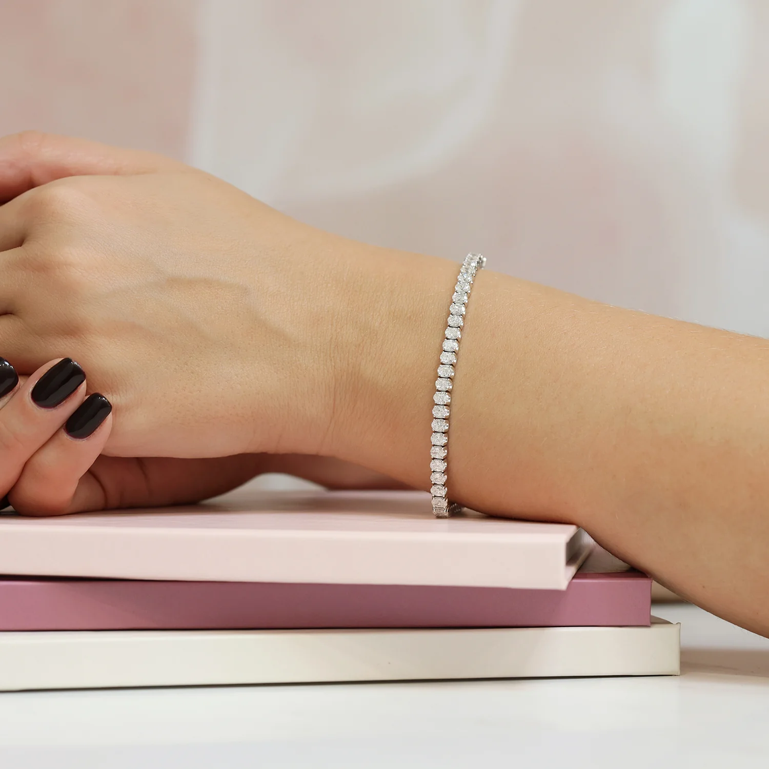 Platinum Claw Set Oval Cut Diamond Tennis Bracelet - Image 2