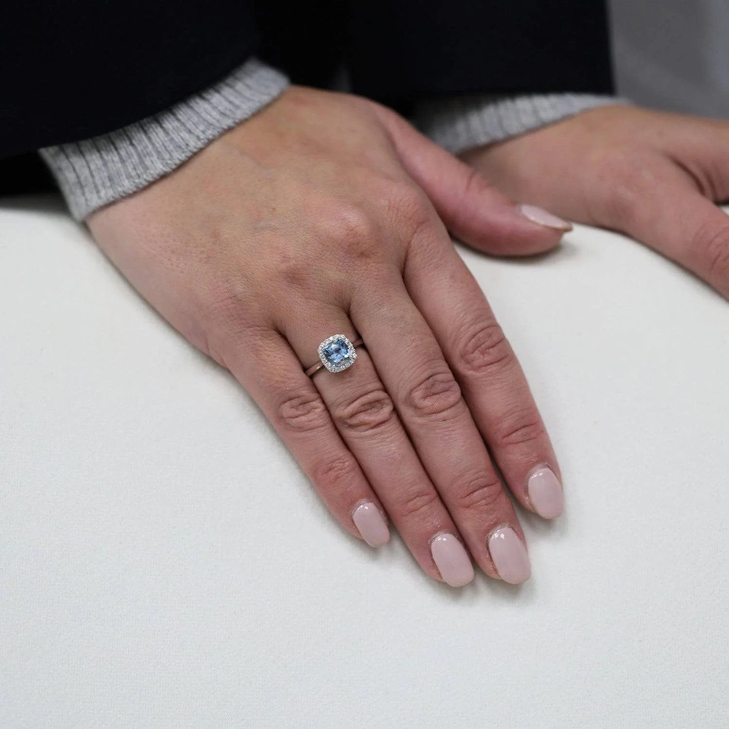 Platinum Cushion Cut Aquamarine And Diamond Cluster Ring - Image 3