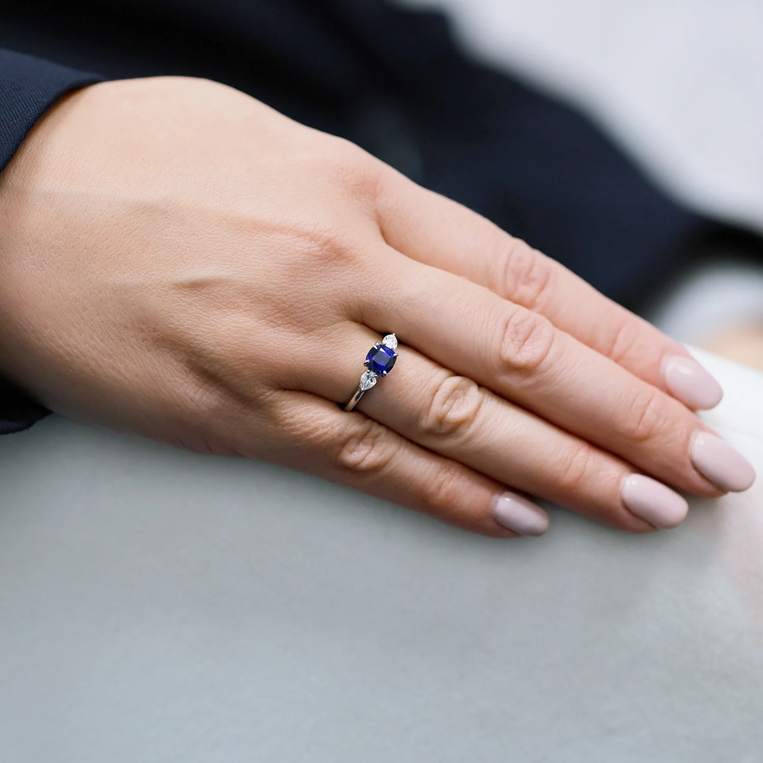 Platinum Cushion Cut Blue Sapphire & Pear Cut Diamond Three Stone Ring - Image 3
