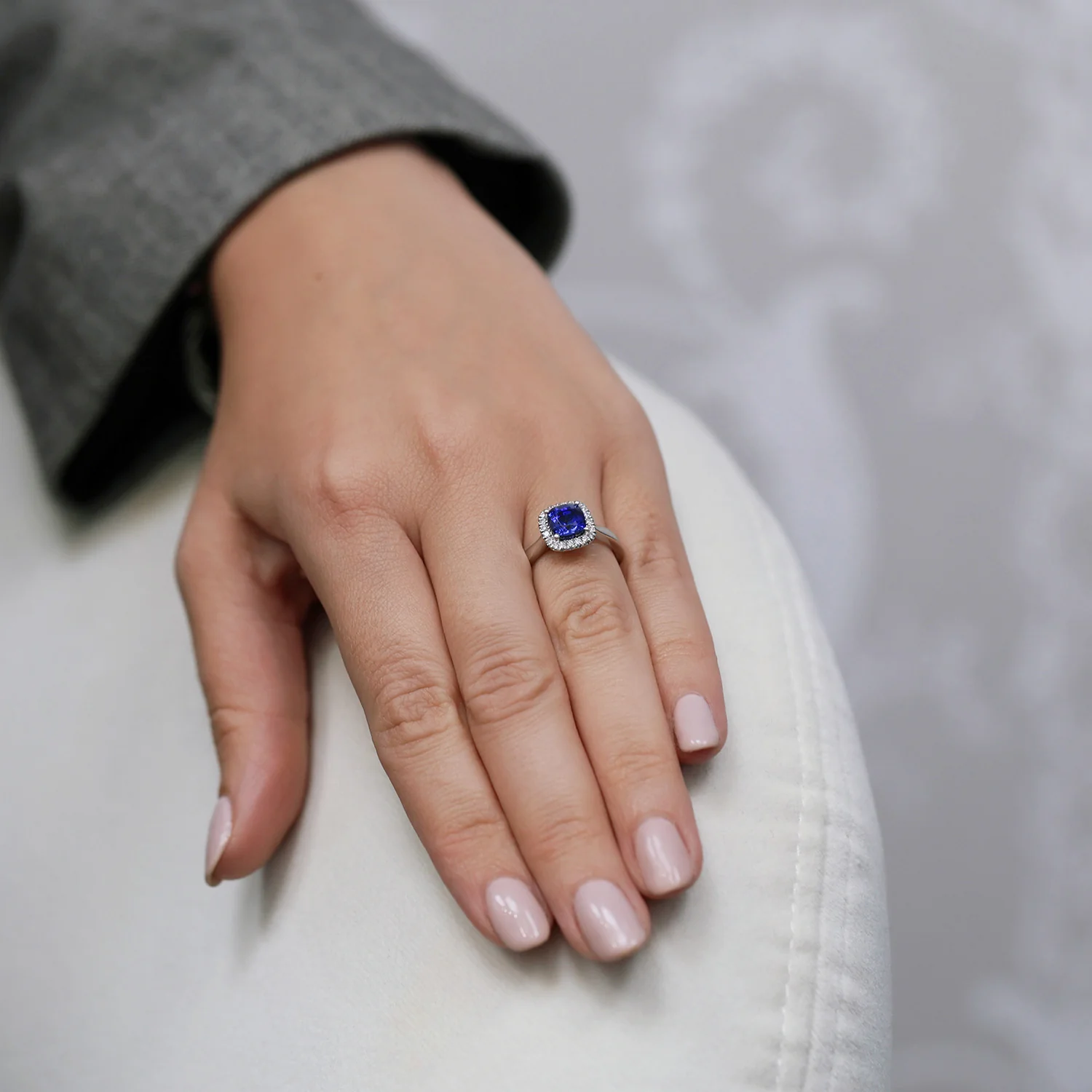Platinum Cushion Cut Blue Sapphire & Round Brilliant Cut Diamond Halo Ring - Image 2