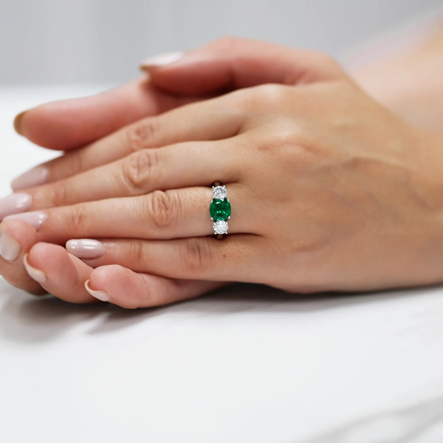 Platinum Natural Emerald And Diamond Three Stone Ring - Image 2