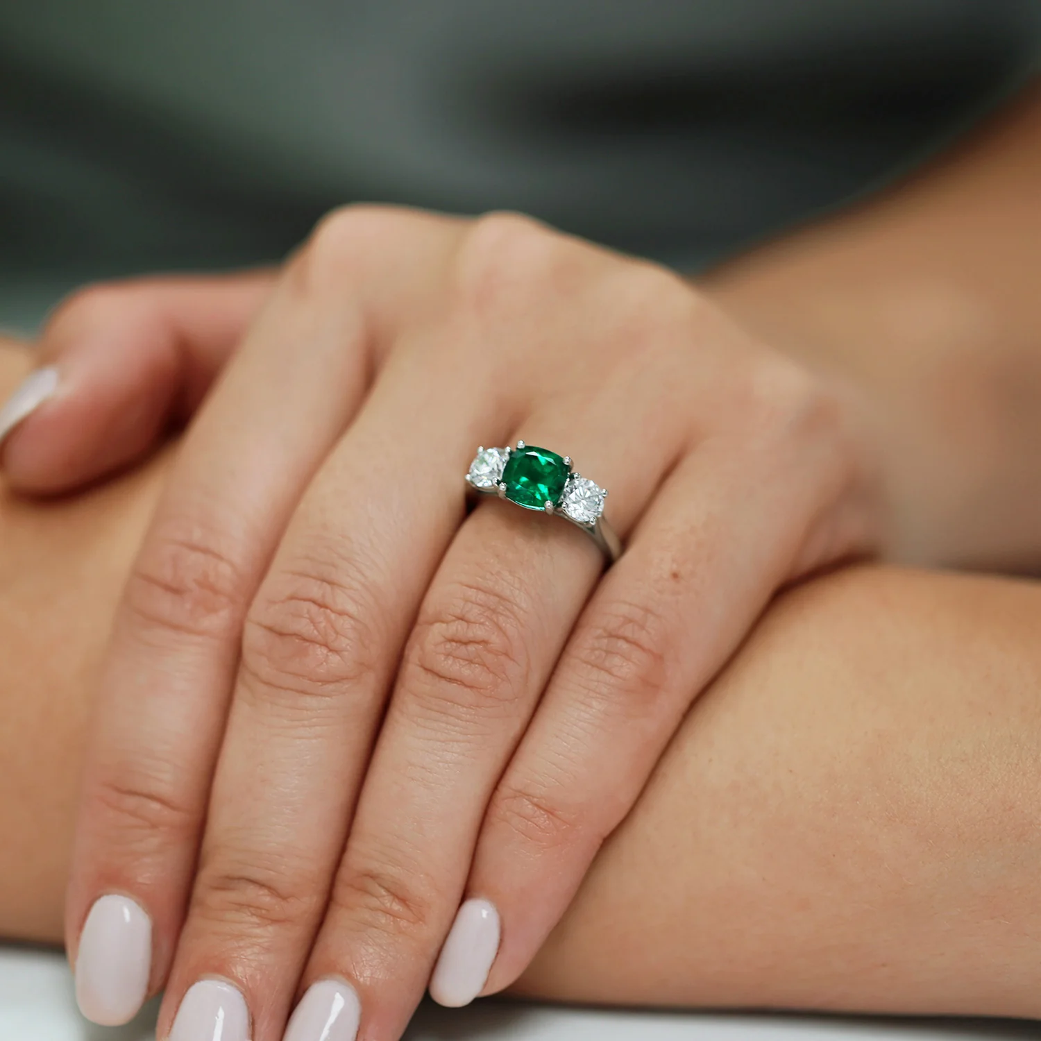Platinum Natural Emerald And Diamond Three Stone Ring - Image 3