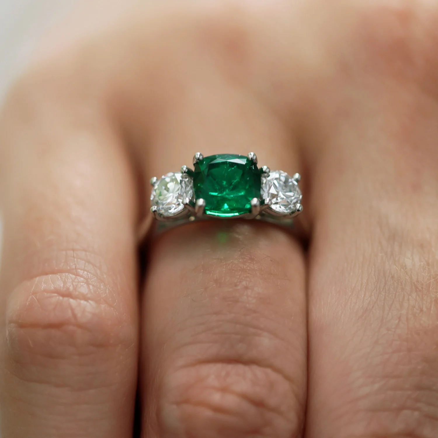 Platinum Natural Emerald And Diamond Three Stone Ring - Image 4
