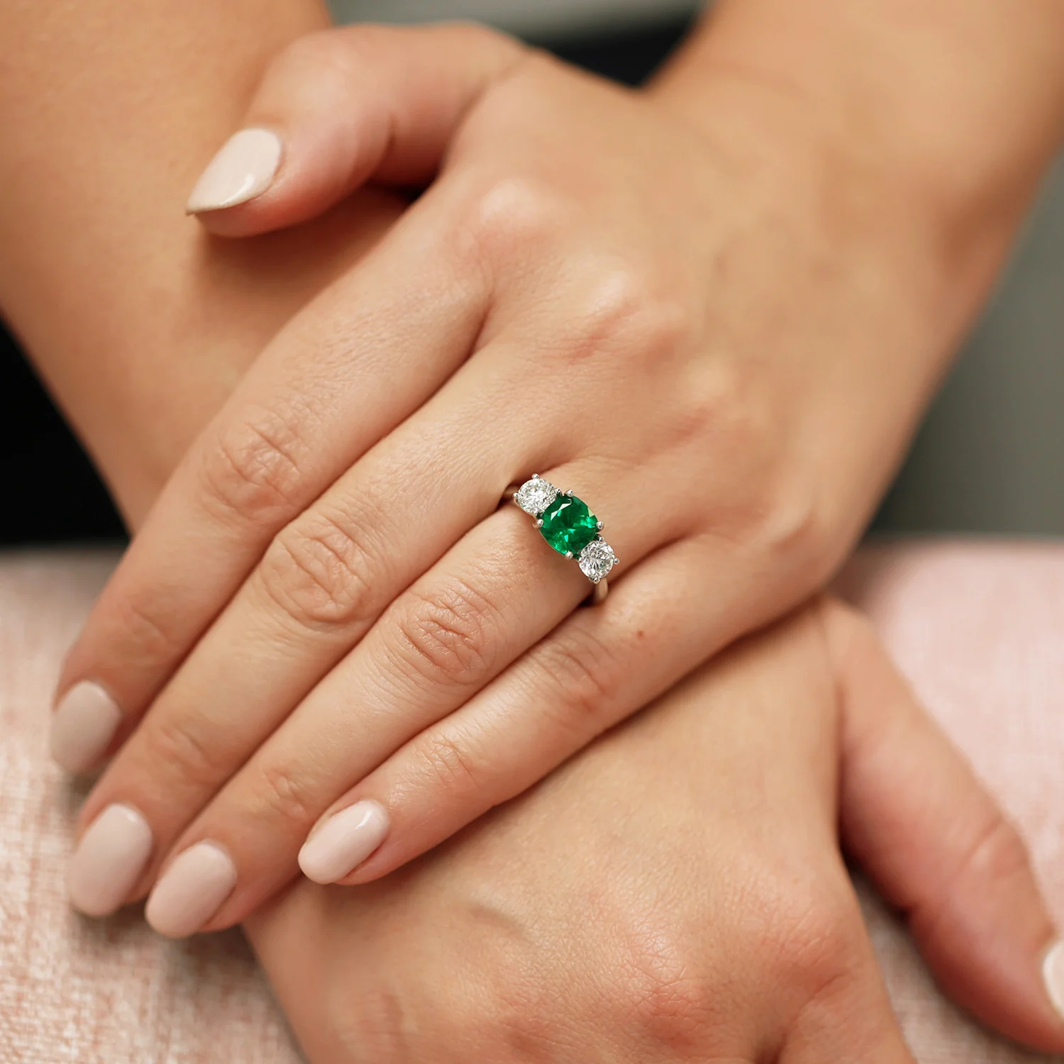 Platinum Natural Emerald And Diamond Three Stone Ring - Image 5