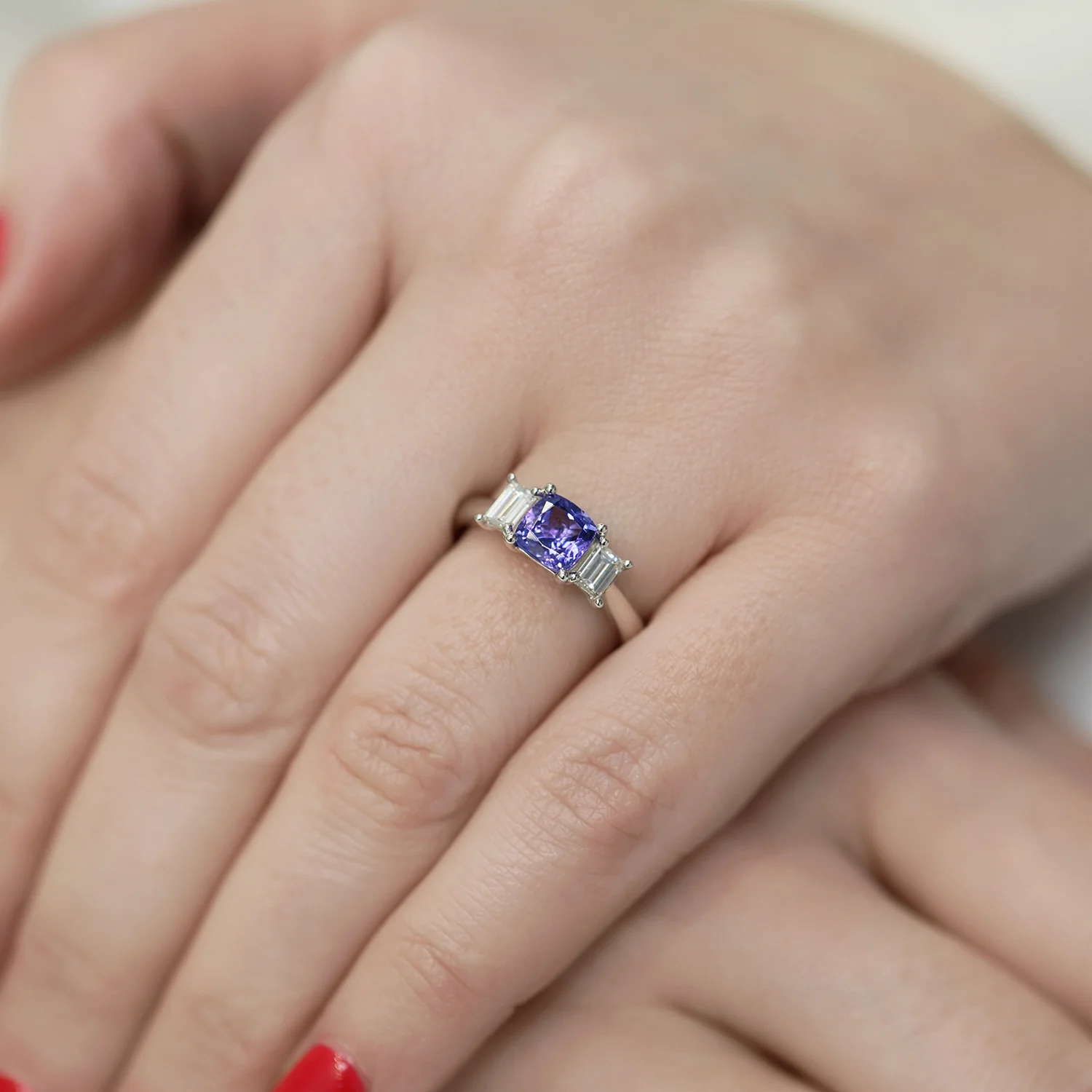 Platinum Cushion Cut Tanzanite And Baguette Cut Diamond Three Stone Dress Ring - Image 2