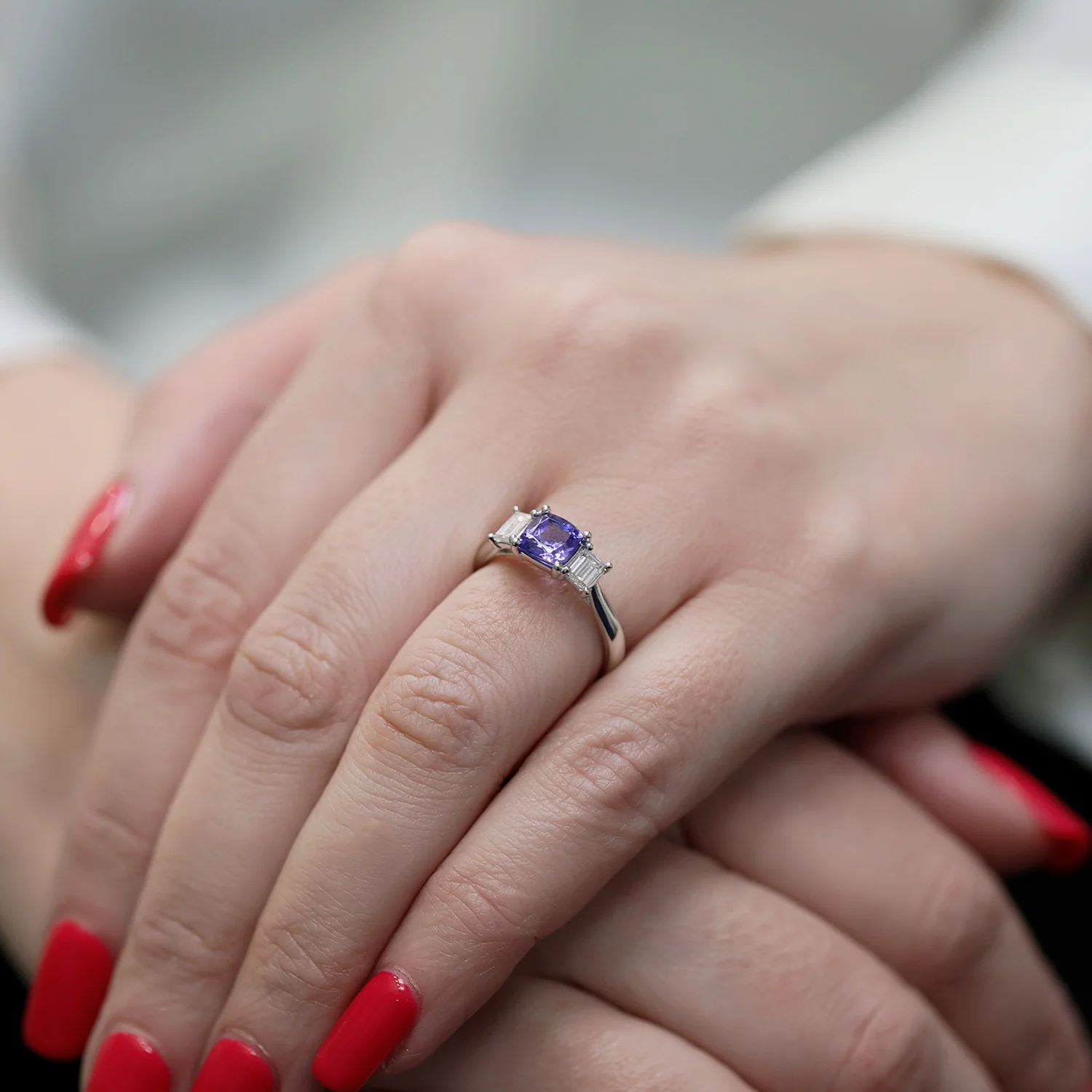 Platinum Cushion Cut Tanzanite And Baguette Cut Diamond Three Stone Dress Ring - Image 3