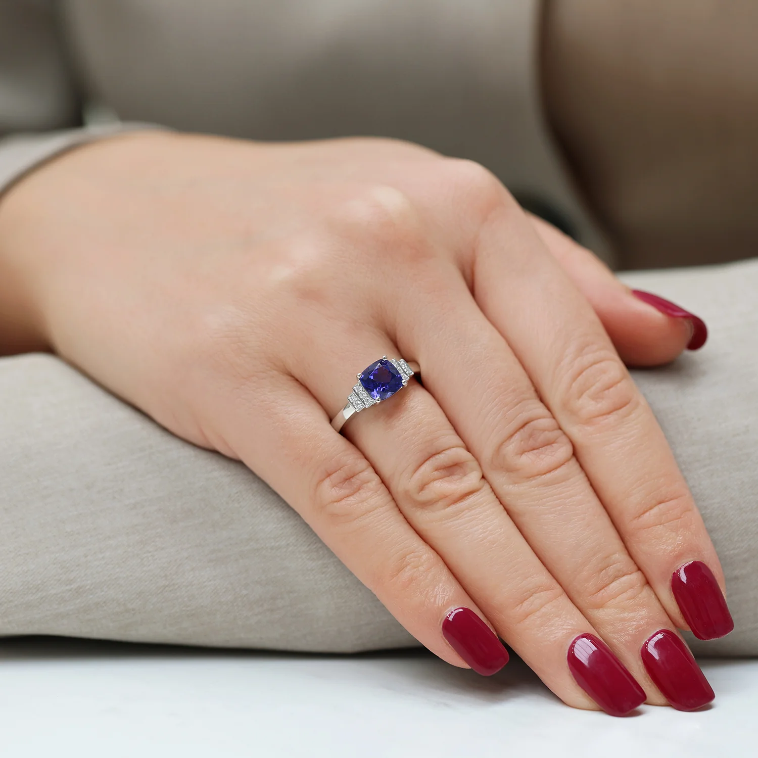 Platinum Cushion Cut Tanzanite And Diamond Fancy Stepped Dress Ring - Image 2