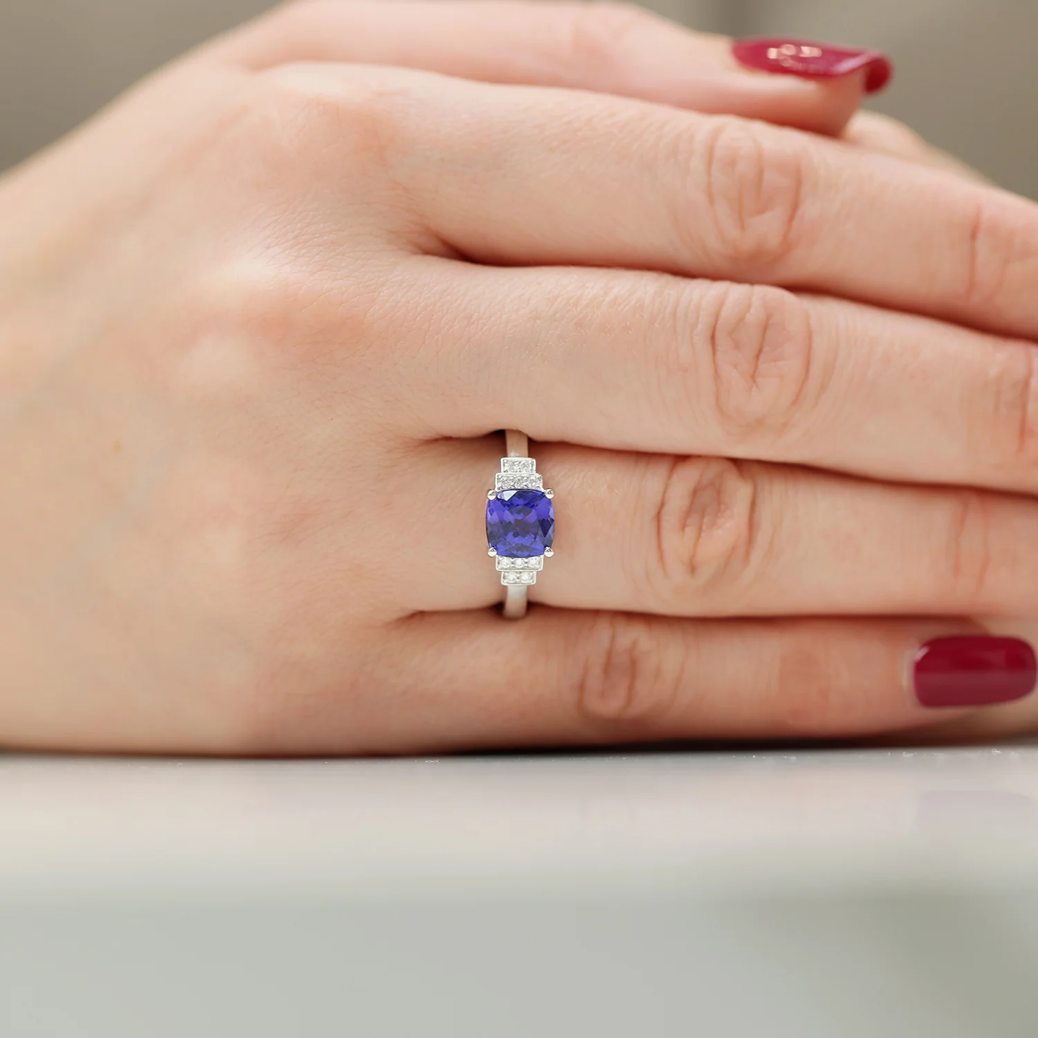 Platinum Cushion Cut Tanzanite And Diamond Fancy Stepped Dress Ring - Image 3