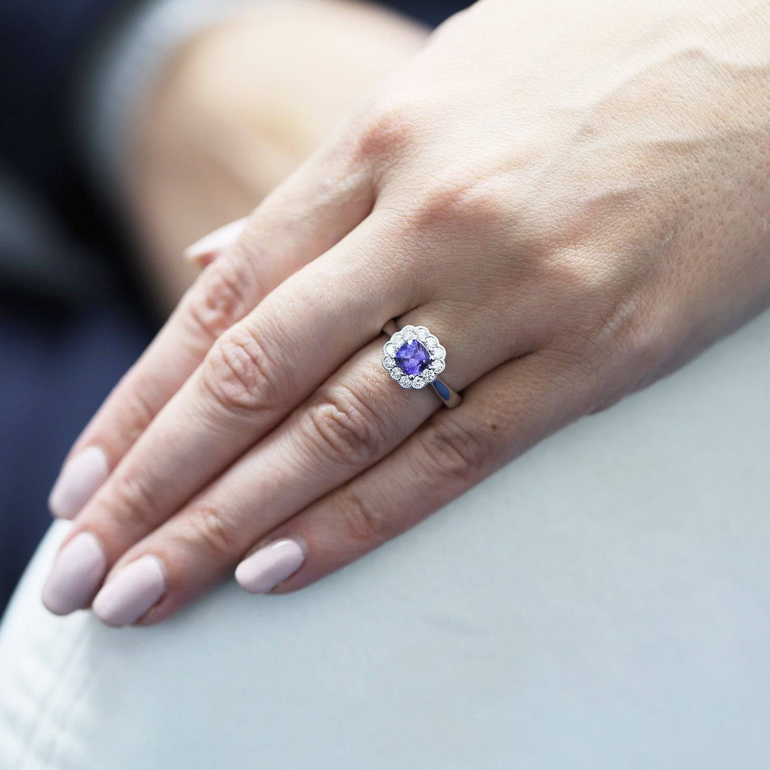 Platinum Cushion Cut Tanzanite Ring In A Diamond Halo Setting - Image 3