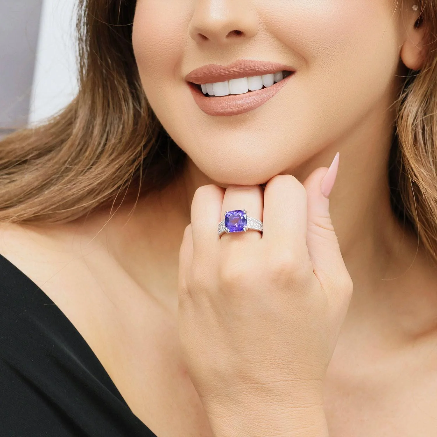 Platinum Cushion Cut Tanzanite Ring With Diamond Set Shoulders - Image 2